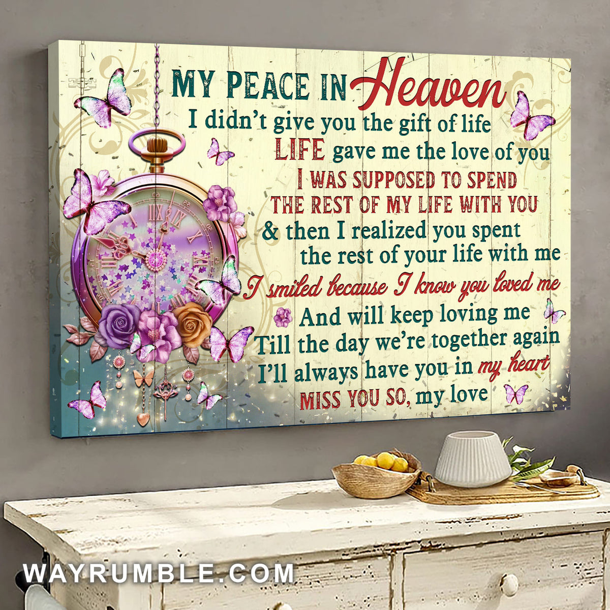 Purple Butterfly, Vintage Clock, Rose, I smiled because I know you loved me - Heaven Landscape Canvas Prints, Wall Art