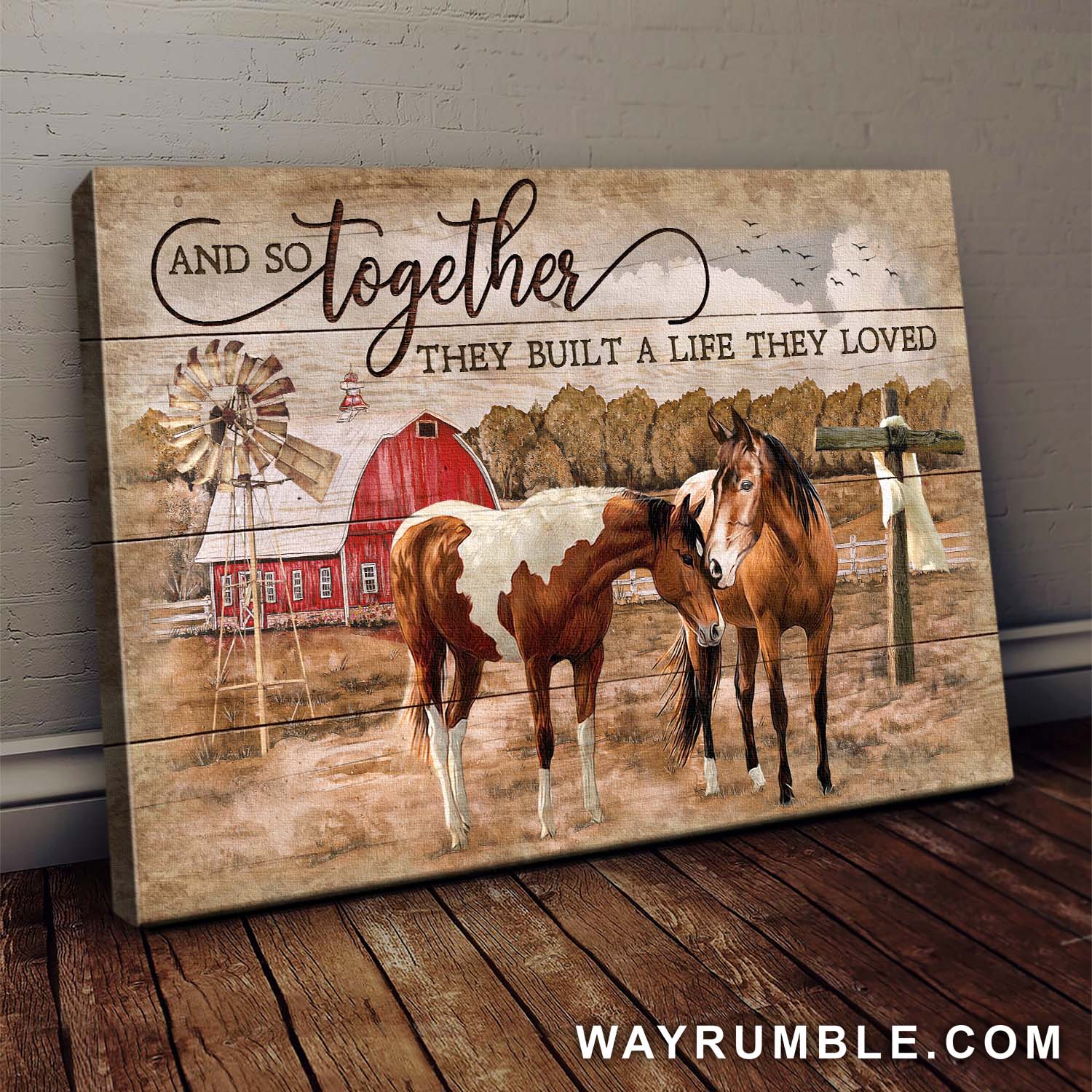 Horses, Tranquil farm, Wooden Cross, And so together they built a life they love - Jesus Landscape Canvas Prints, Wall Art
