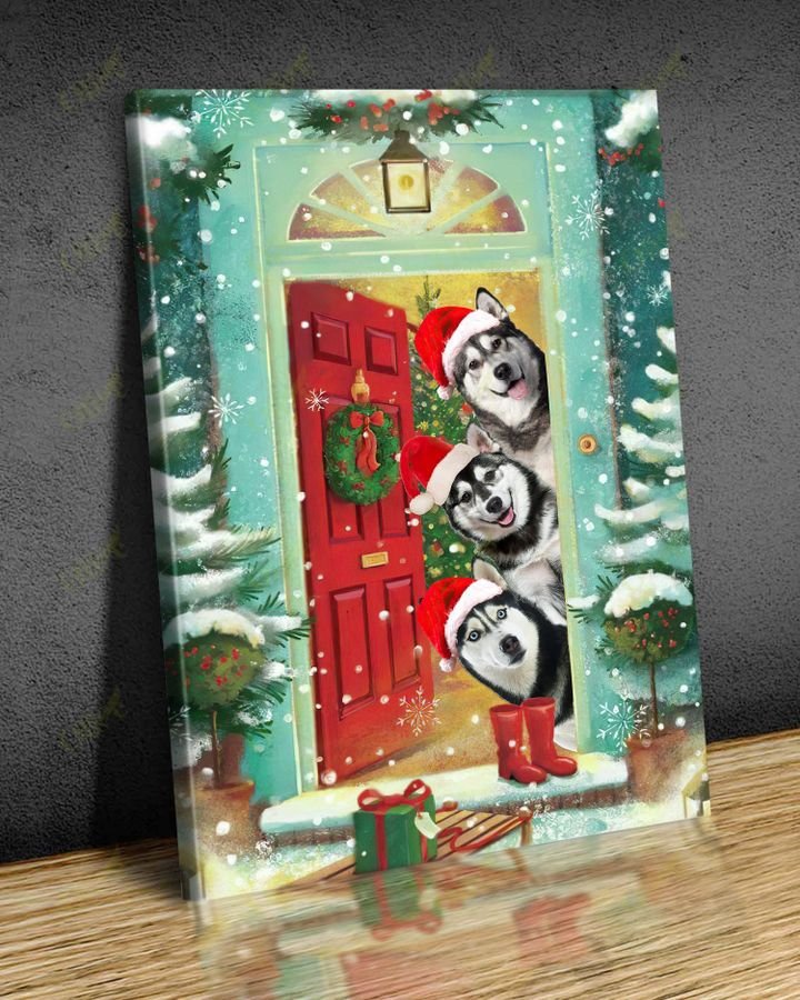 Siberian Husky, Christmas, Gift, Still waiting at the door - Dog Portrait Canvas Prints, Wall Art