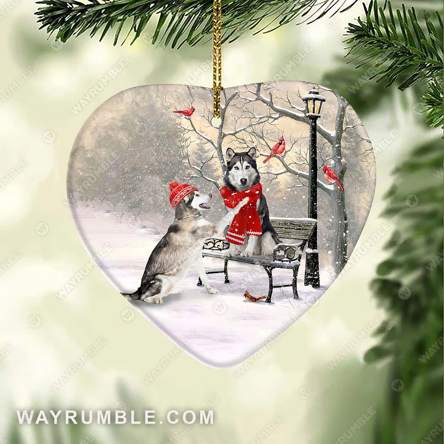 Husky - Winter - On a date - Ceramic Heart Ornament