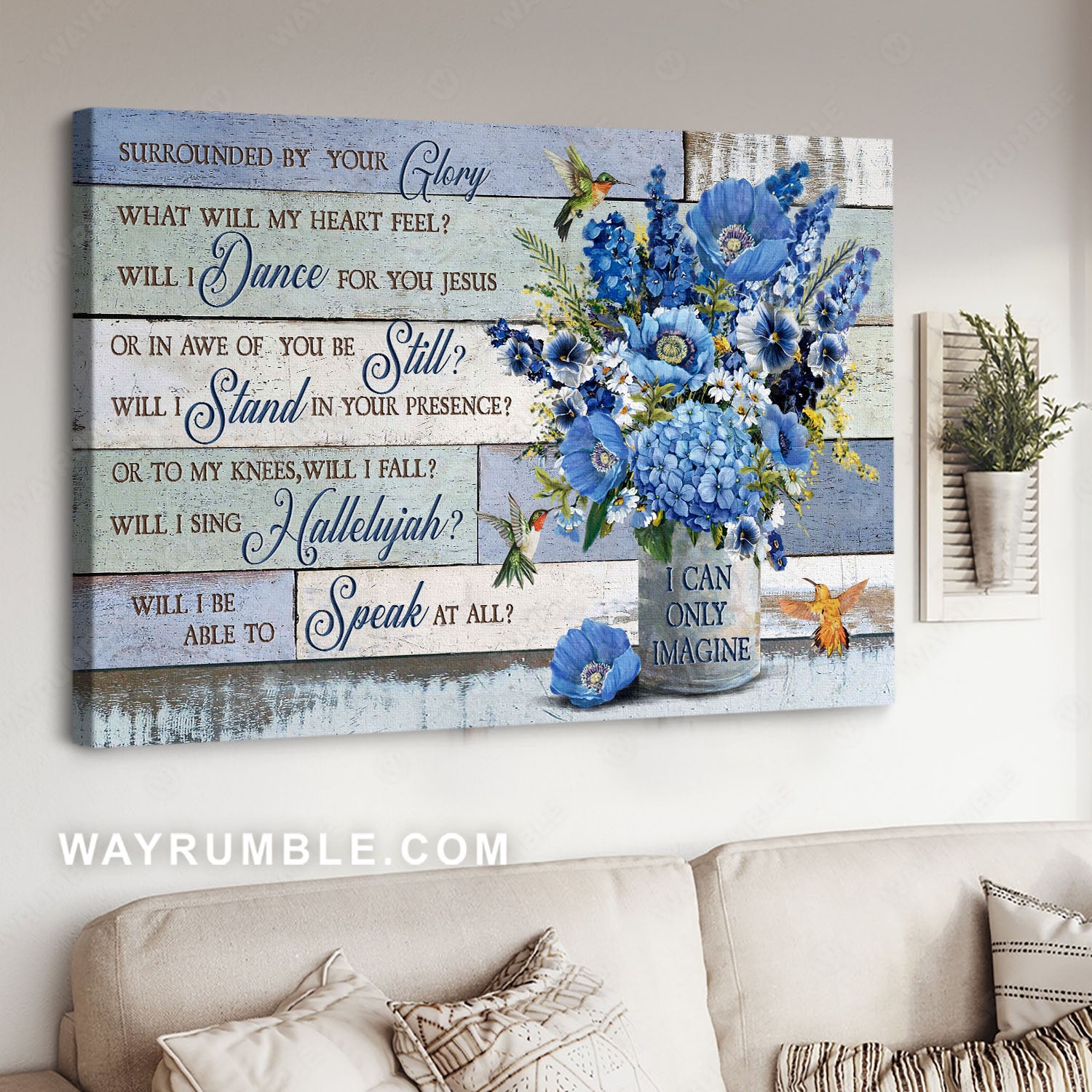 Blue flower vase, Watercolor hummingbird, Religious song, I can only imagine - Jesus Landscape Canvas Prints, Home Decor Wall Art