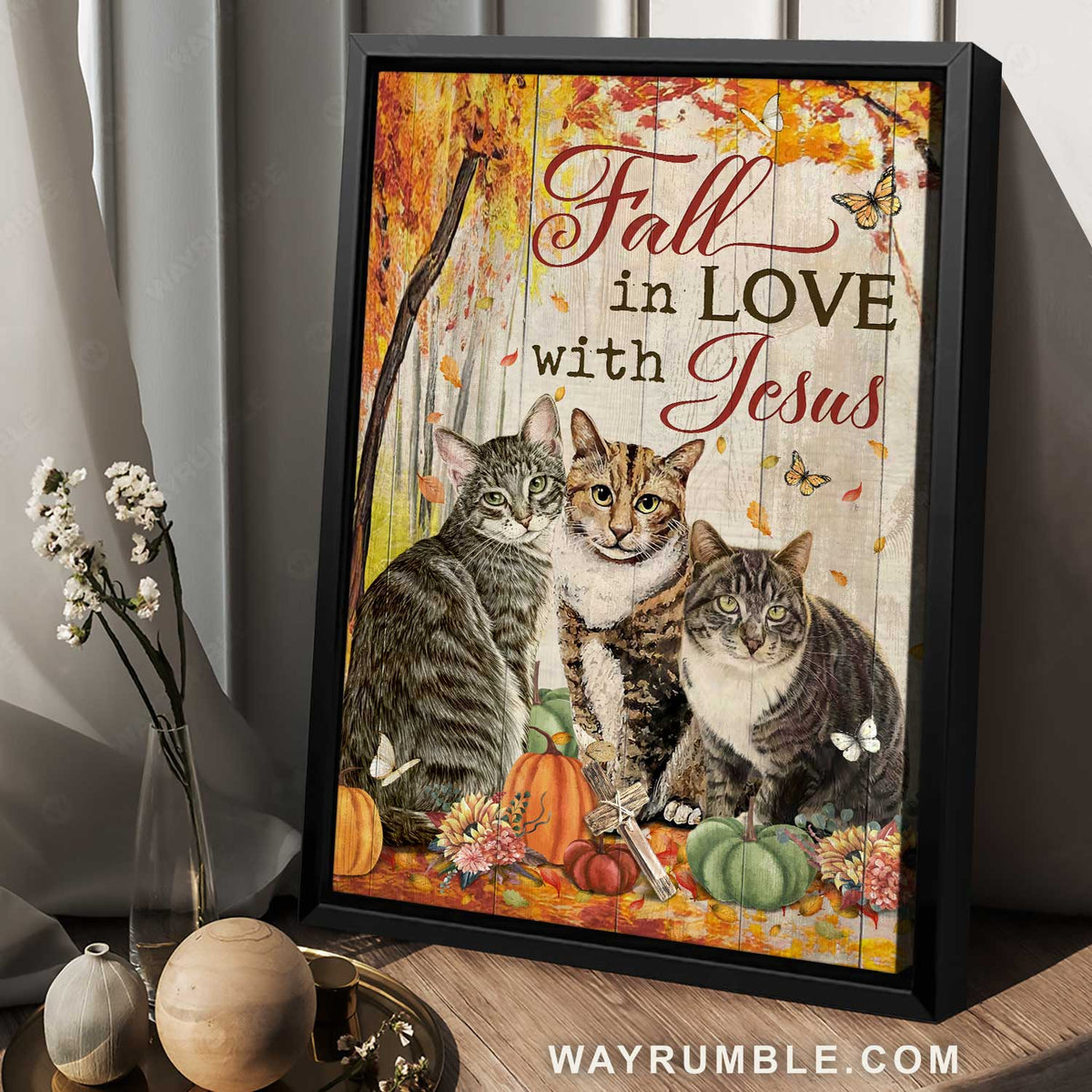 Cats, Autumn, pumpkins, Fall in love with Jesus Portrait Canvas Prints, Wall Art