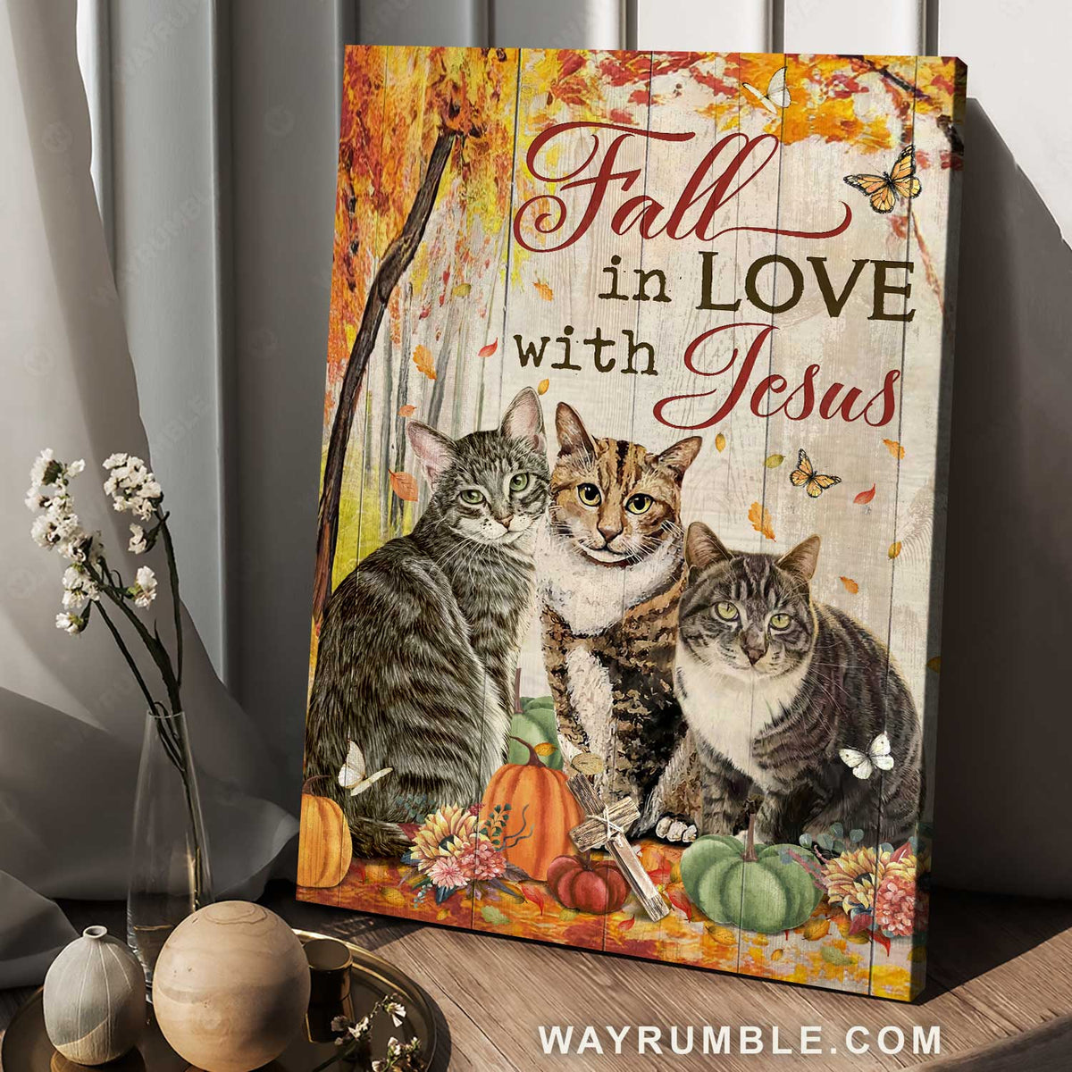 Cats, Autumn, pumpkins, Fall in love with Jesus Portrait Canvas Prints, Wall Art