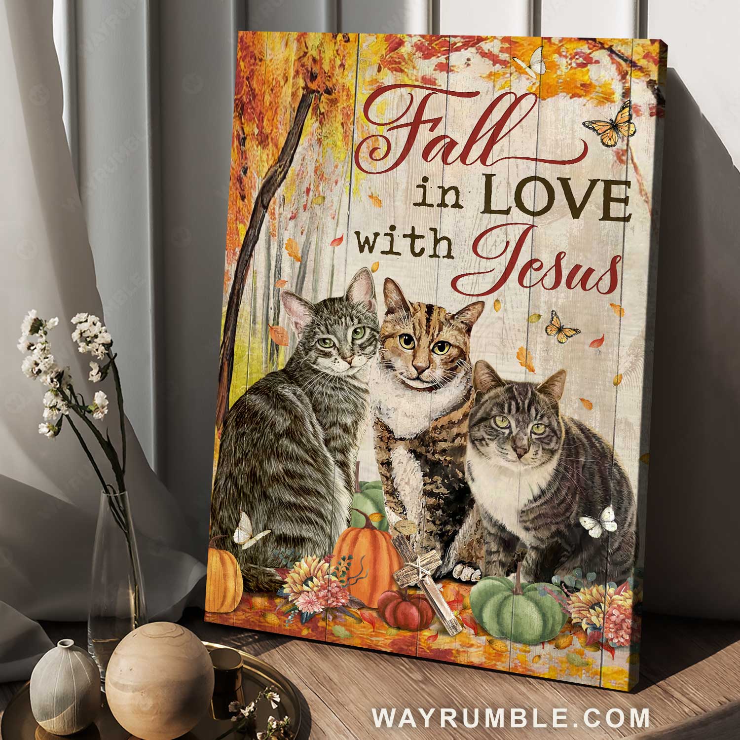 Cats, Autumn, pumpkins, Fall in love with Jesus Portrait Canvas Prints, Wall Art