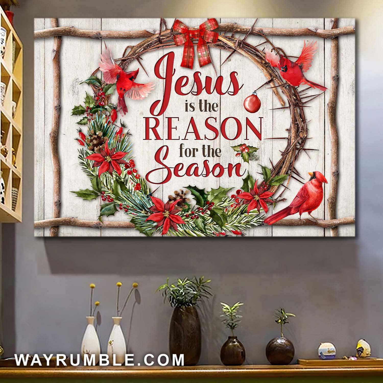 Thorn Crown, Cardinal, Jesus is the reason for the season - Jesus Landscape Canvas Prints, Wall Art