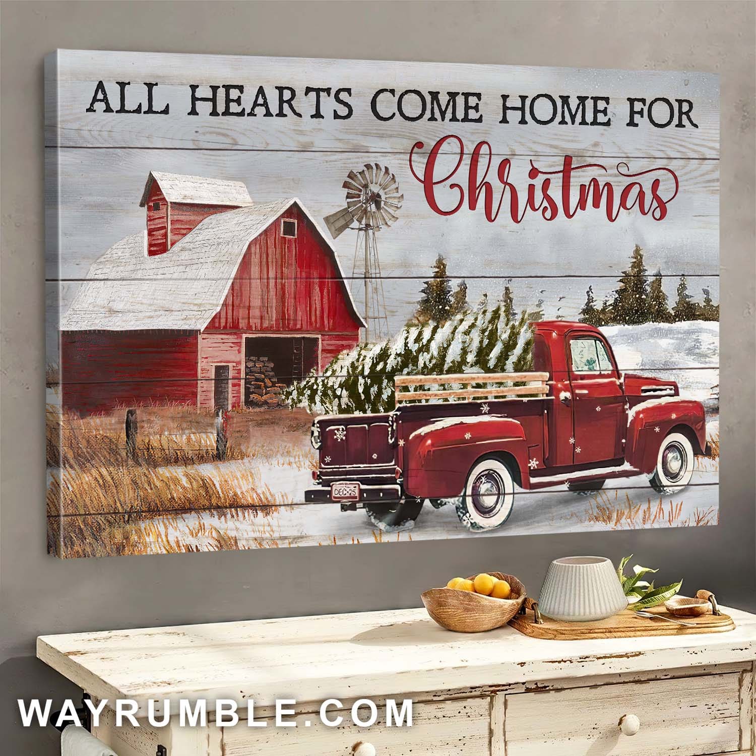 Winter farm, Christmas, Red car, All hearts come home for Christmas - Jesus Landscape Canvas Prints, Wall Art