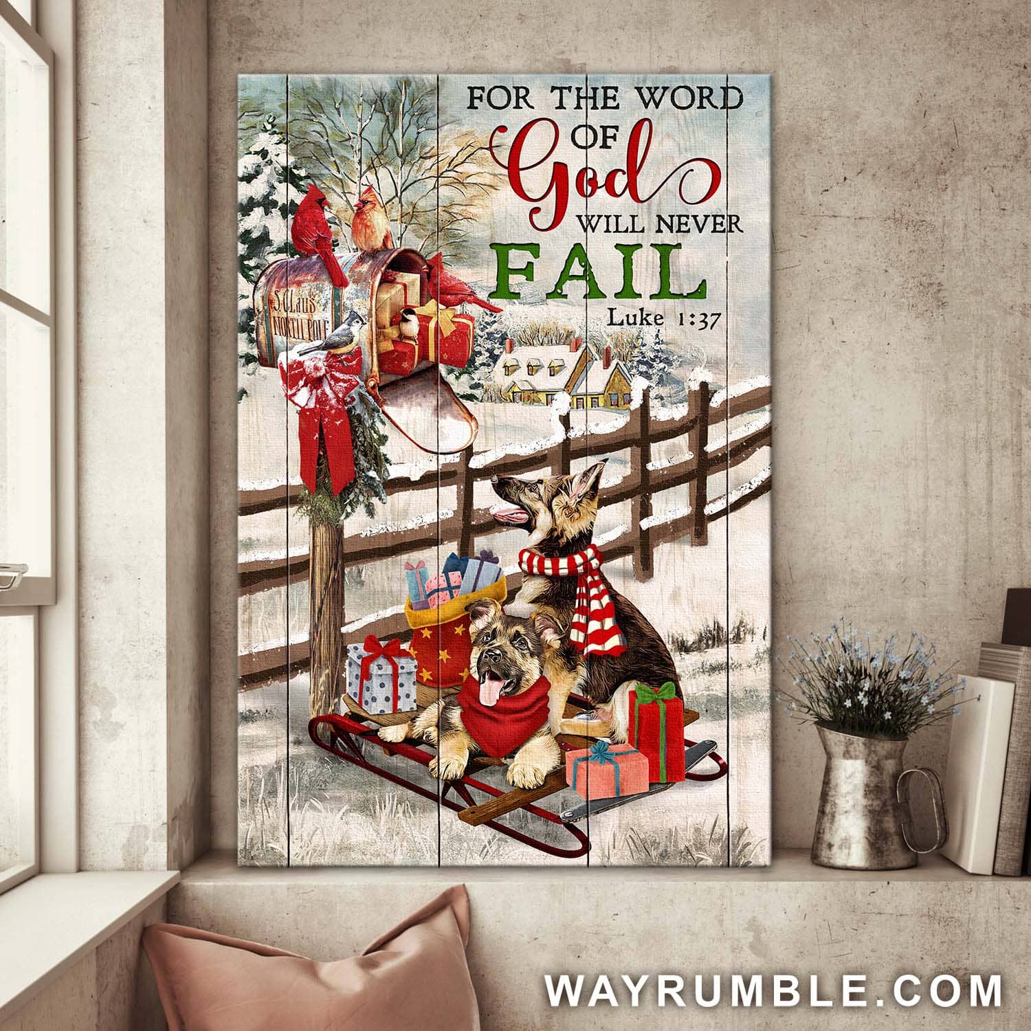 Winter village, Mailbox, German Shepherd, Cardinal, For the word of God will never fail - Jesus Portrait Canvas Prints, Wall Art