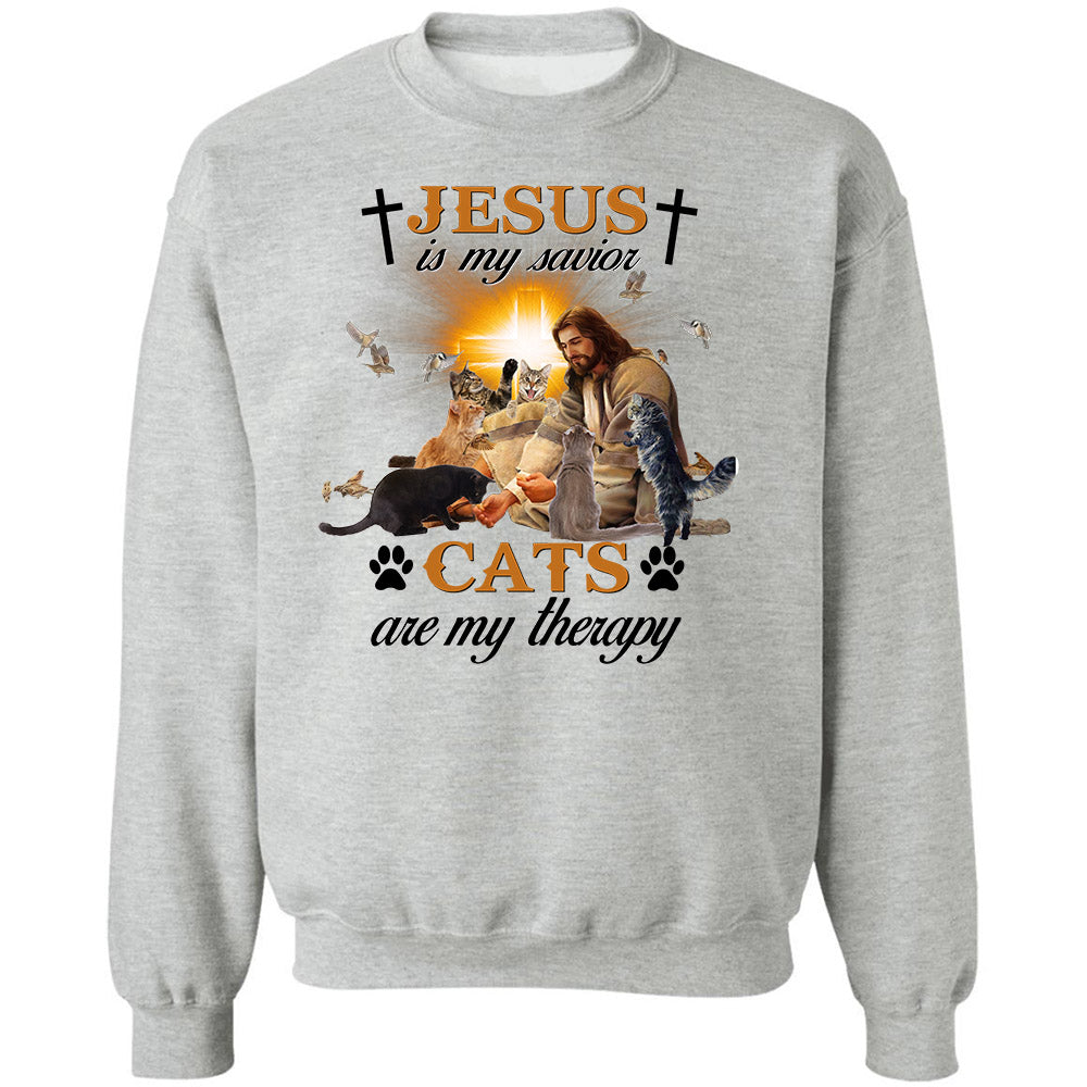Jesus, Cat, Shining cross - Jesus is my savior, cats are my therapy Apparel