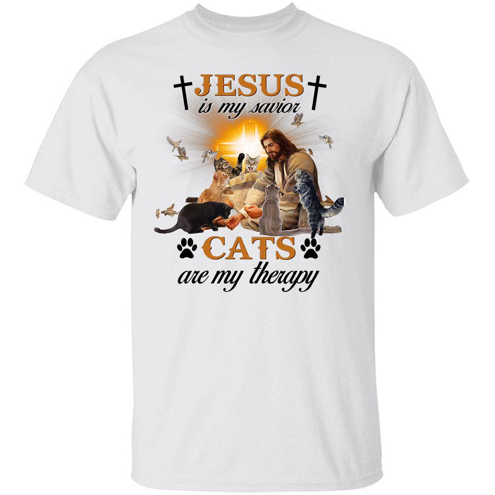 Jesus, Cat, Shining cross - Jesus is my savior, cats are my therapy Apparel