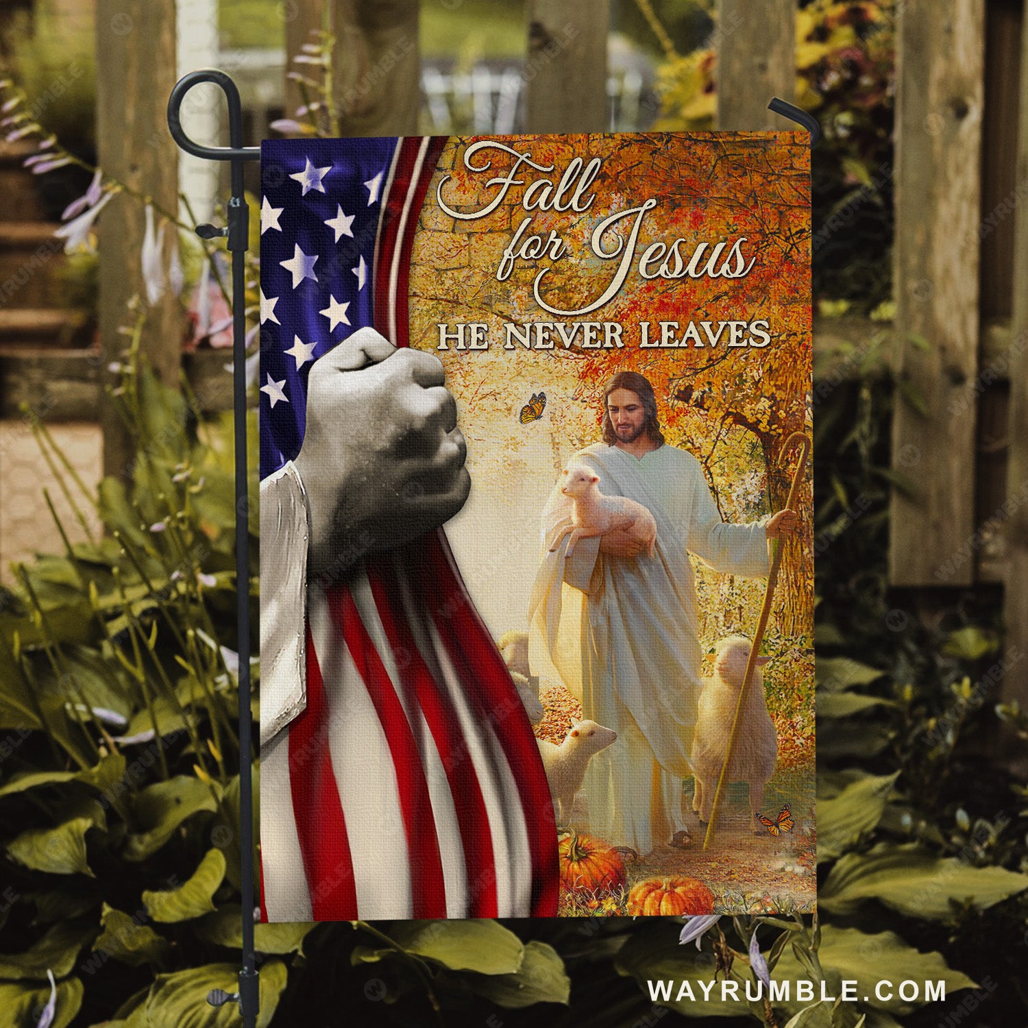 Autumn, Jesus and Lamb, Fall for Jesus, He never leaves - Jesus Flag