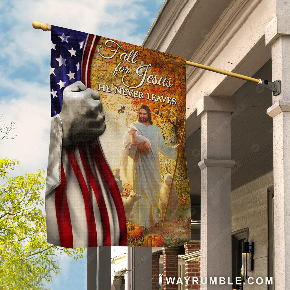 Autumn, Jesus and Lamb, Fall for Jesus, He never leaves - Jesus Flag