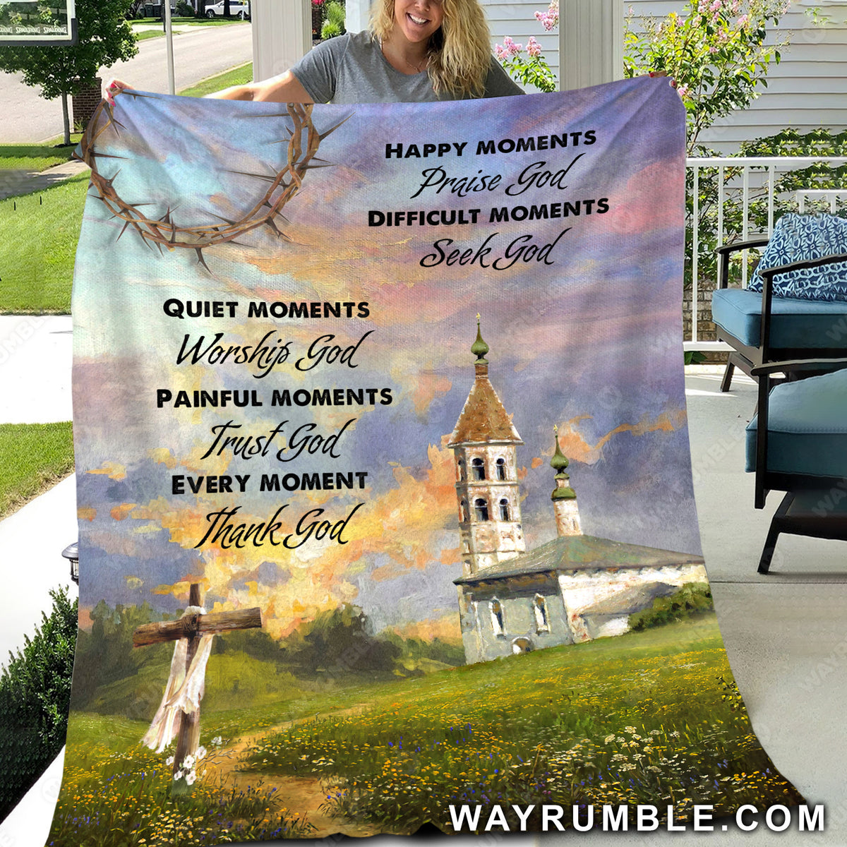 Flower field, Old castle, Sunset painting, Every moment thank God - Jesus Blanket