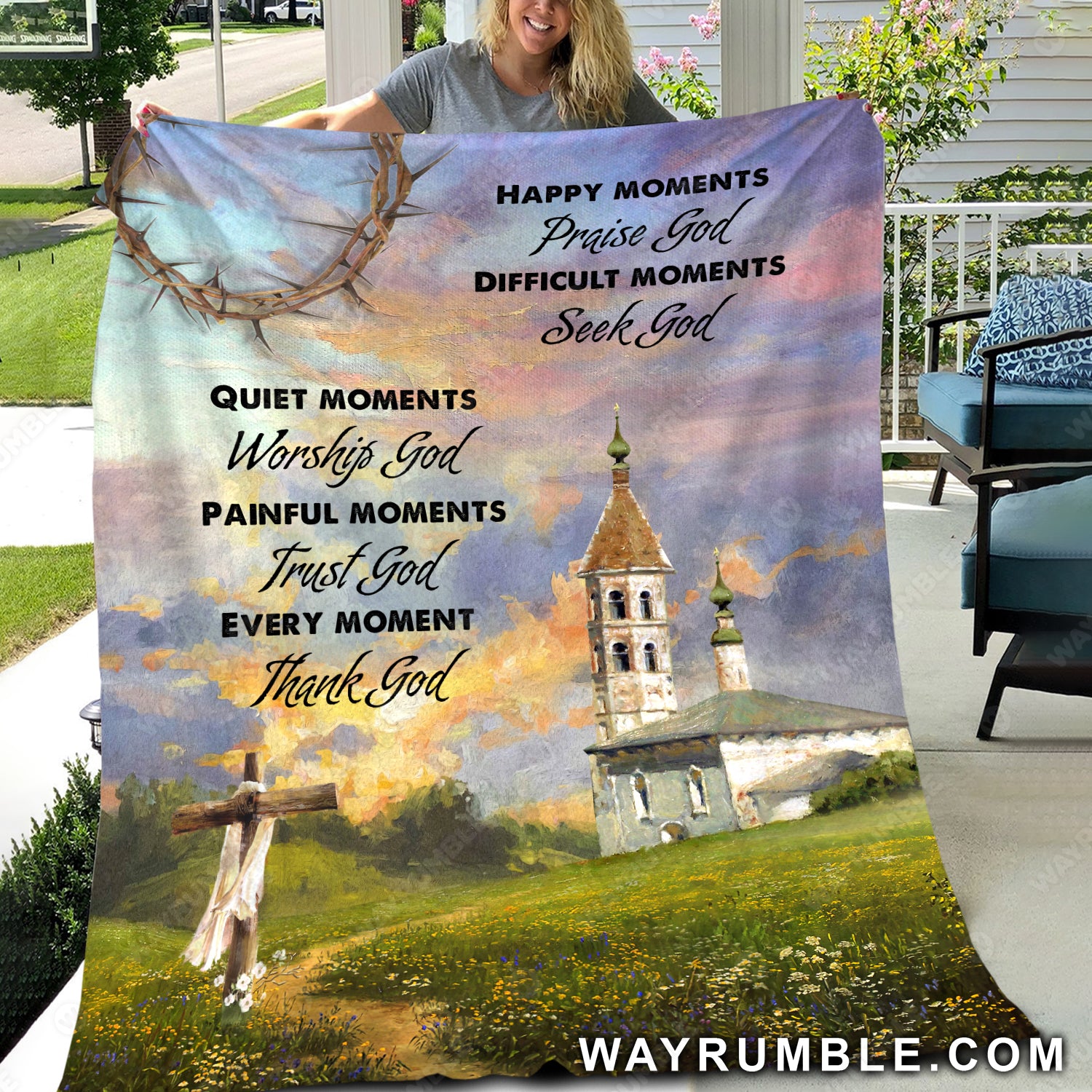 Flower field, Old castle, Sunset painting, Every moment thank God - Jesus Blanket