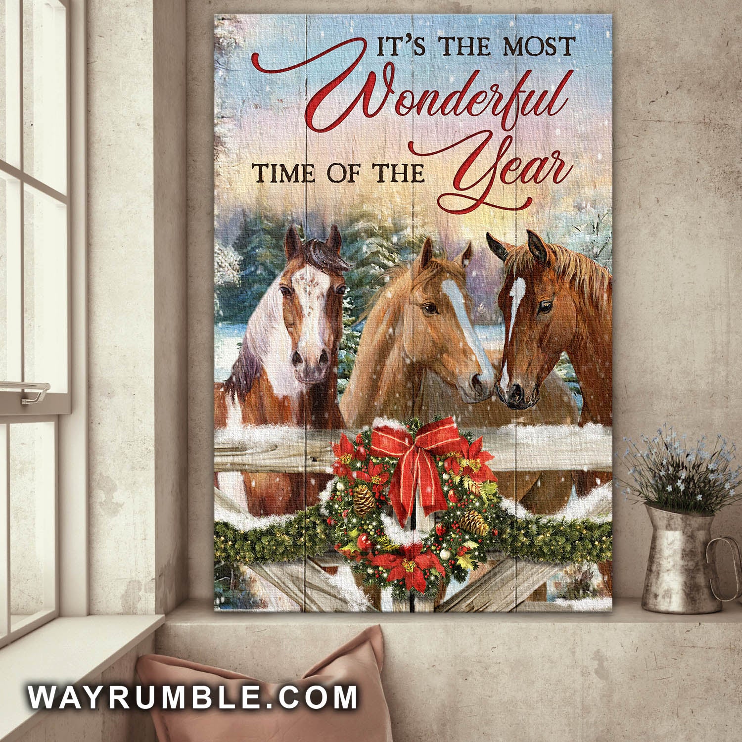 Horse farm, Christmas Wreath, Winter, It's the most wonderful time of the year - Jesus Portrait Canvas Prints, Wall Art