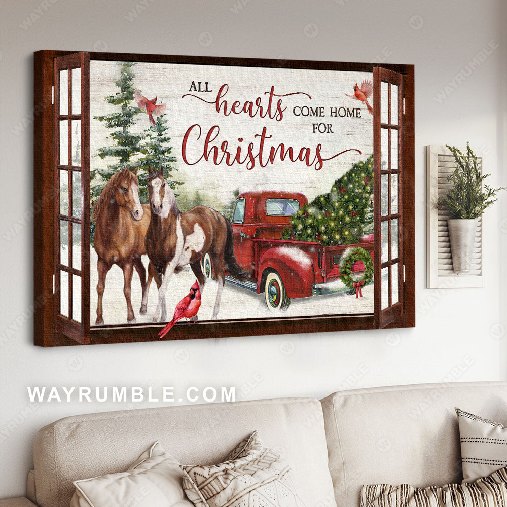 Horse, Cardinal, Snow day, All hearts come home for Christmas - Jesus, Window Frame Landscape Canvas Prints, Wall Art