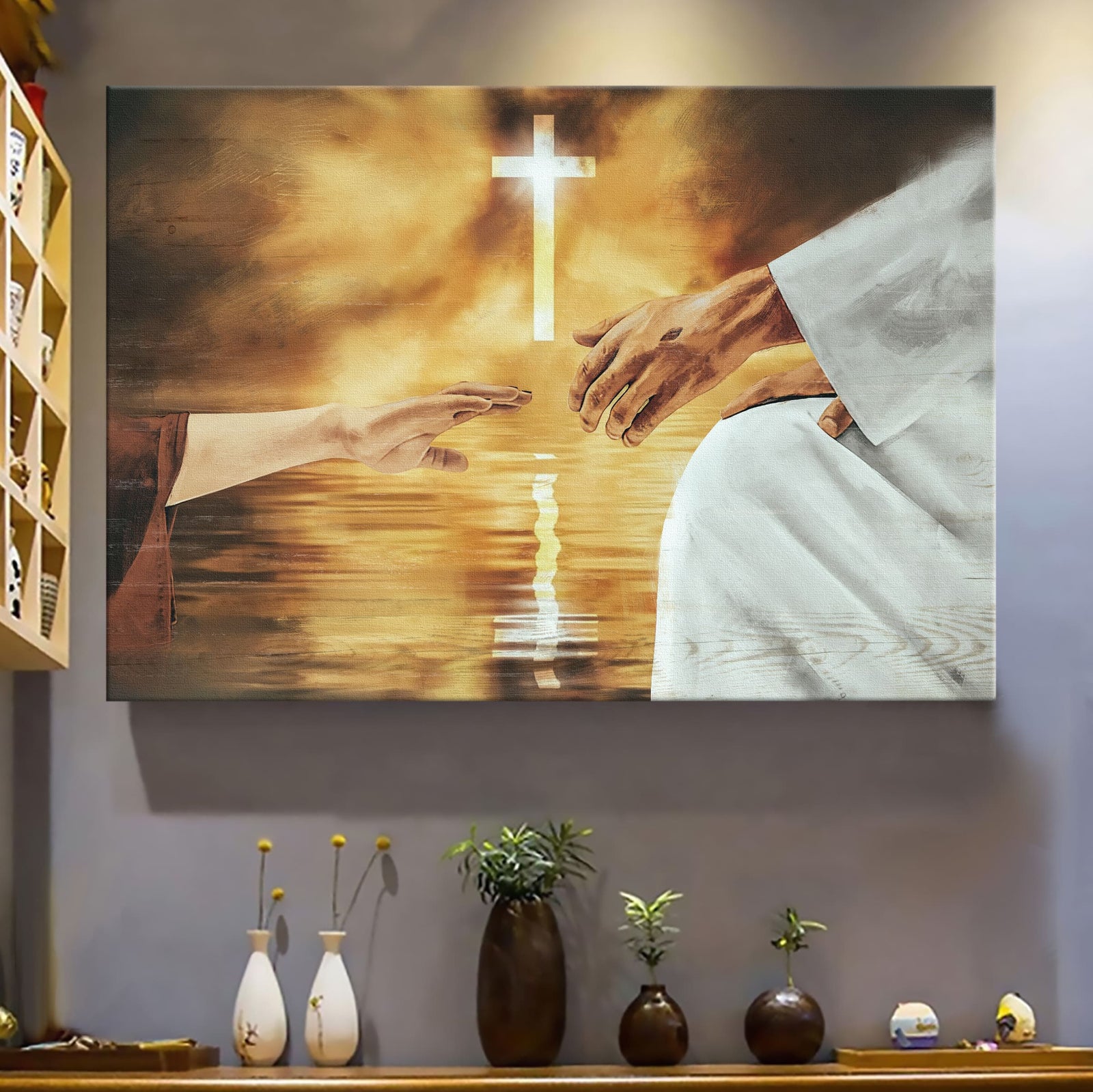 Shining cross, Jesus hand, Reach out your hand - Jesus Landscape Canvas Prints, Wall Art
