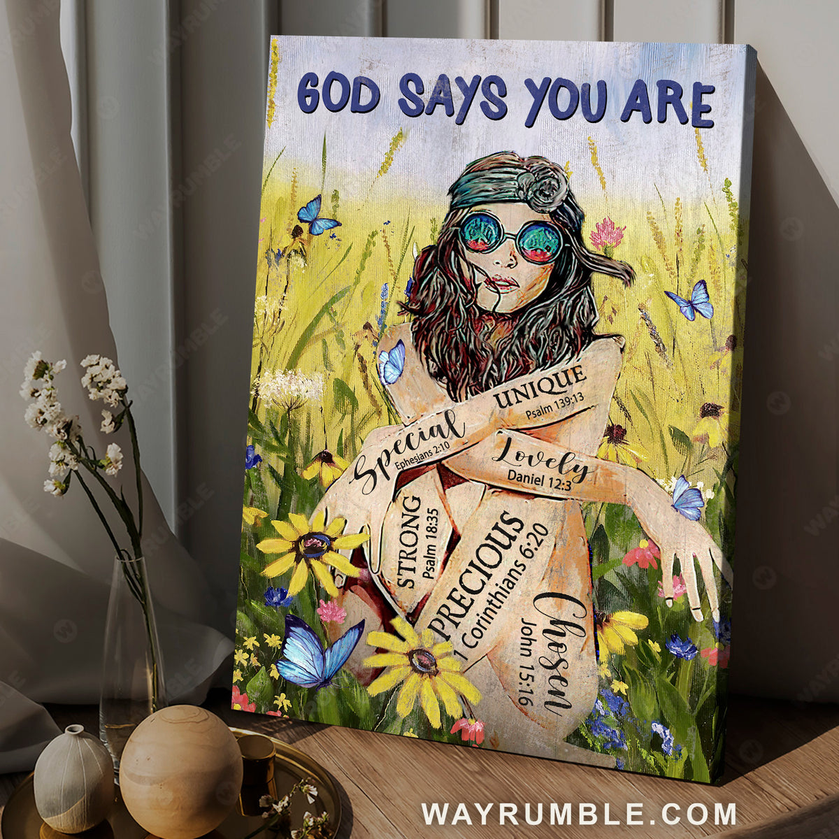 Rock vibe, Flower field, Green meadow, God says you are unique - Jesus Portrait Canvas Prints, Christian Wall Art