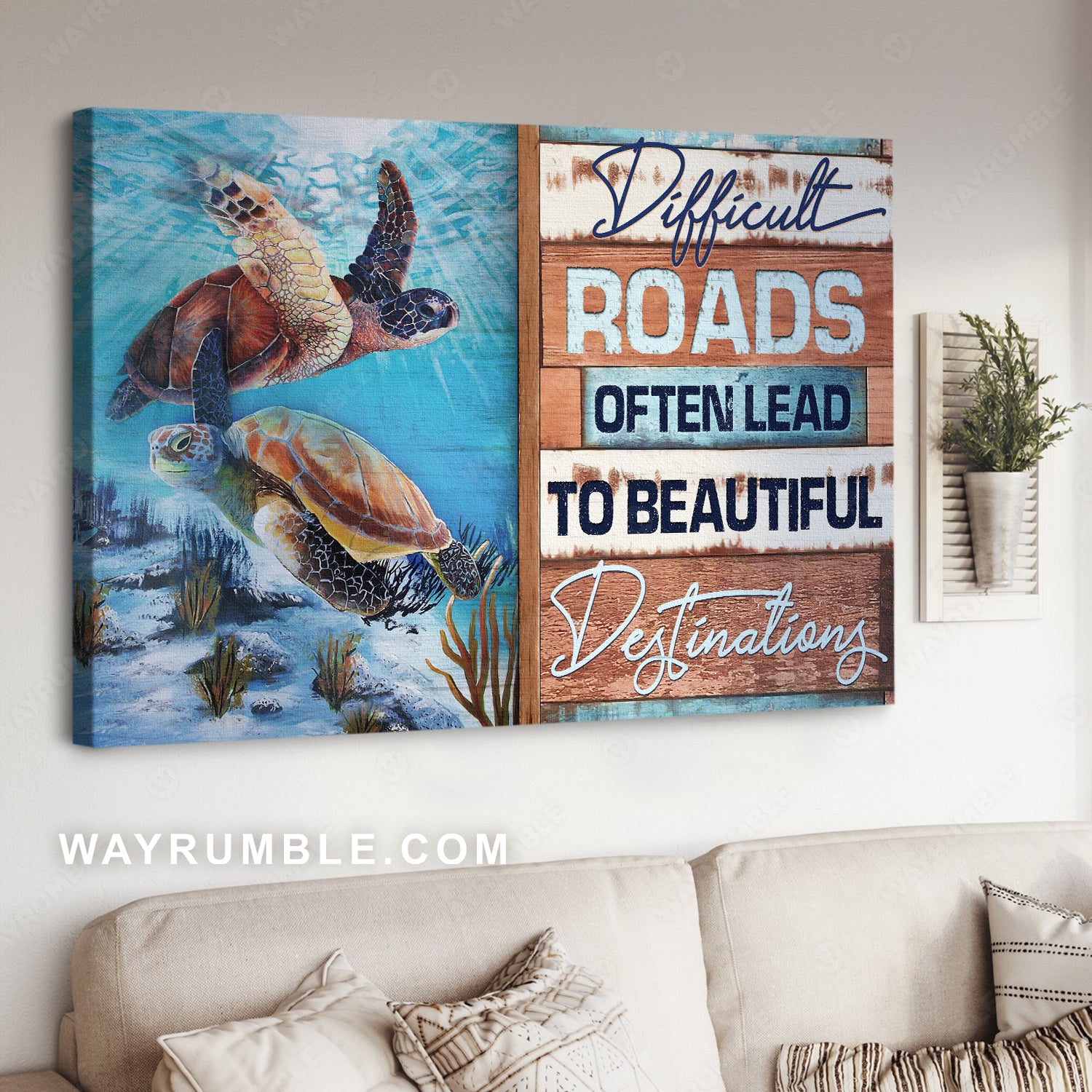 Stunning sea turtle, Blue ocean, Difficult roads often lead to beautiful destinations - Jesus Landscape Canvas Prints, Christian Wall Art