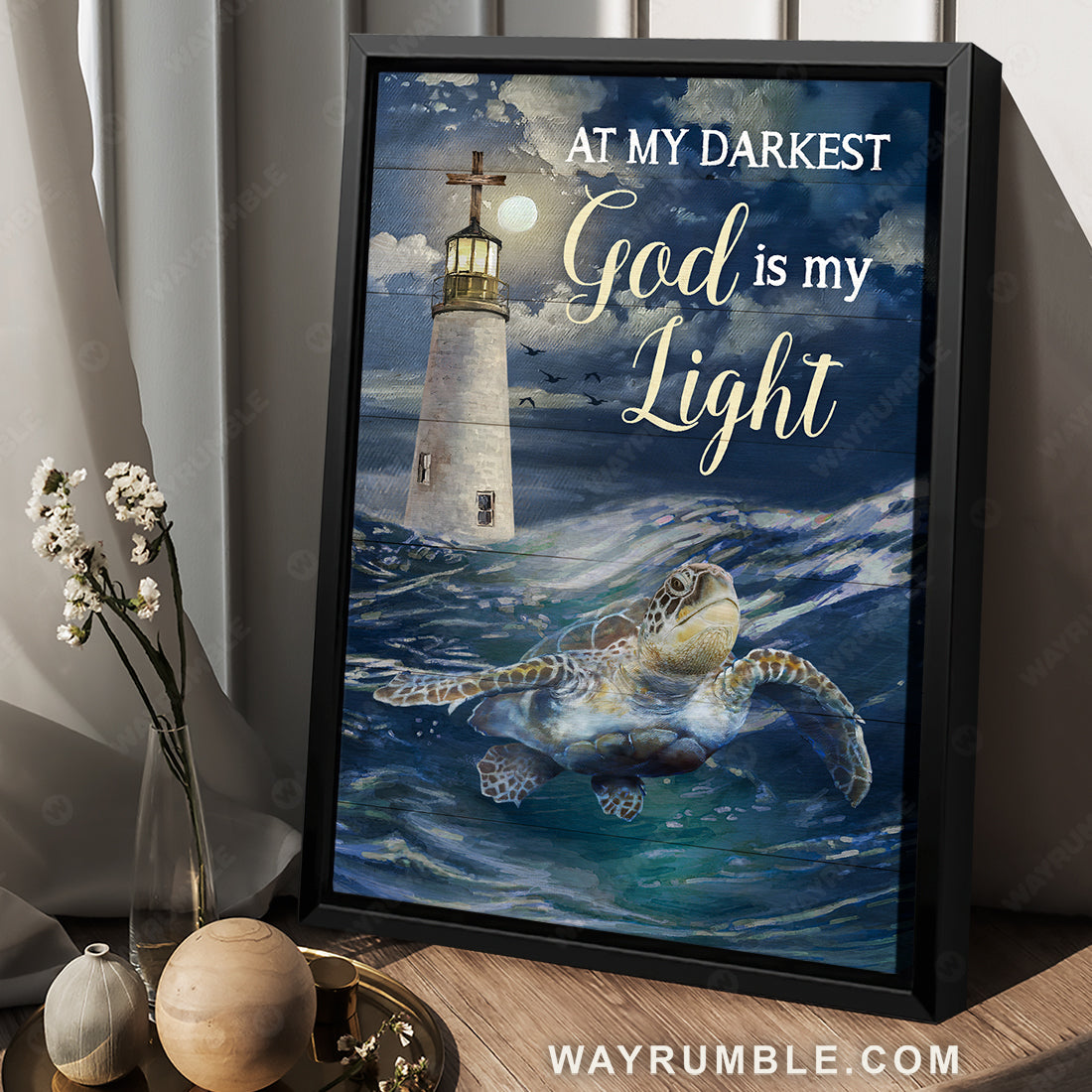 Watercolor turtle, Blue ocean, Lighthouse, God is my light - Jesus Portrait Canvas Prints, Christian Wall Art