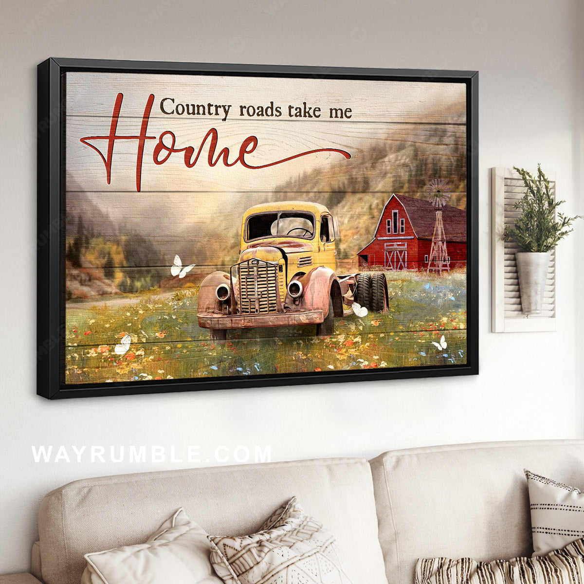 Yellow ladybug car, Pretty flower field, Country roads take me home - Jesus Landscape Canvas Prints, Home Decor Wall Art