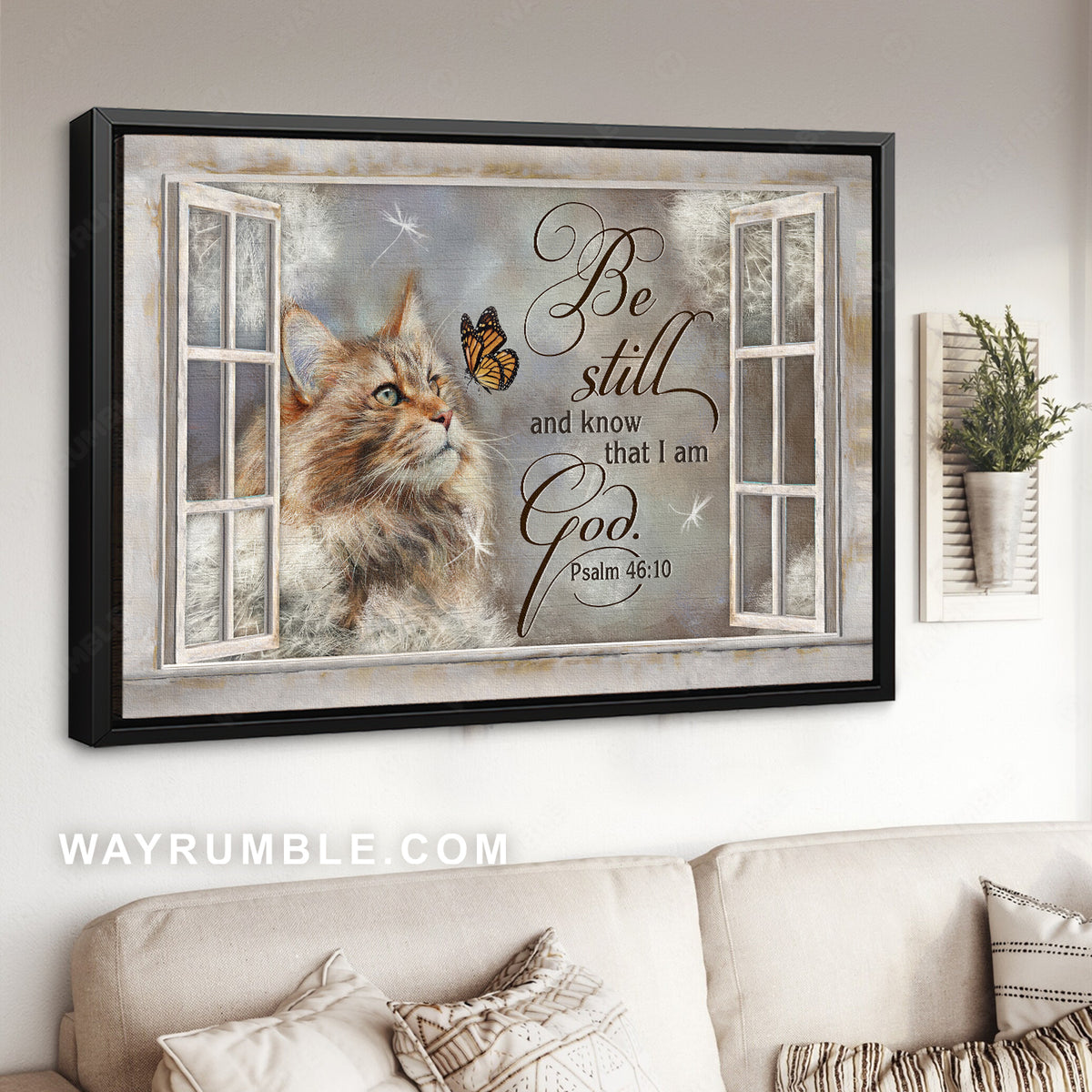 Cute cat, White window, Butterfly, Be still and know that I am God - Jesus Landscape Canvas Prints, Christian Wall Art