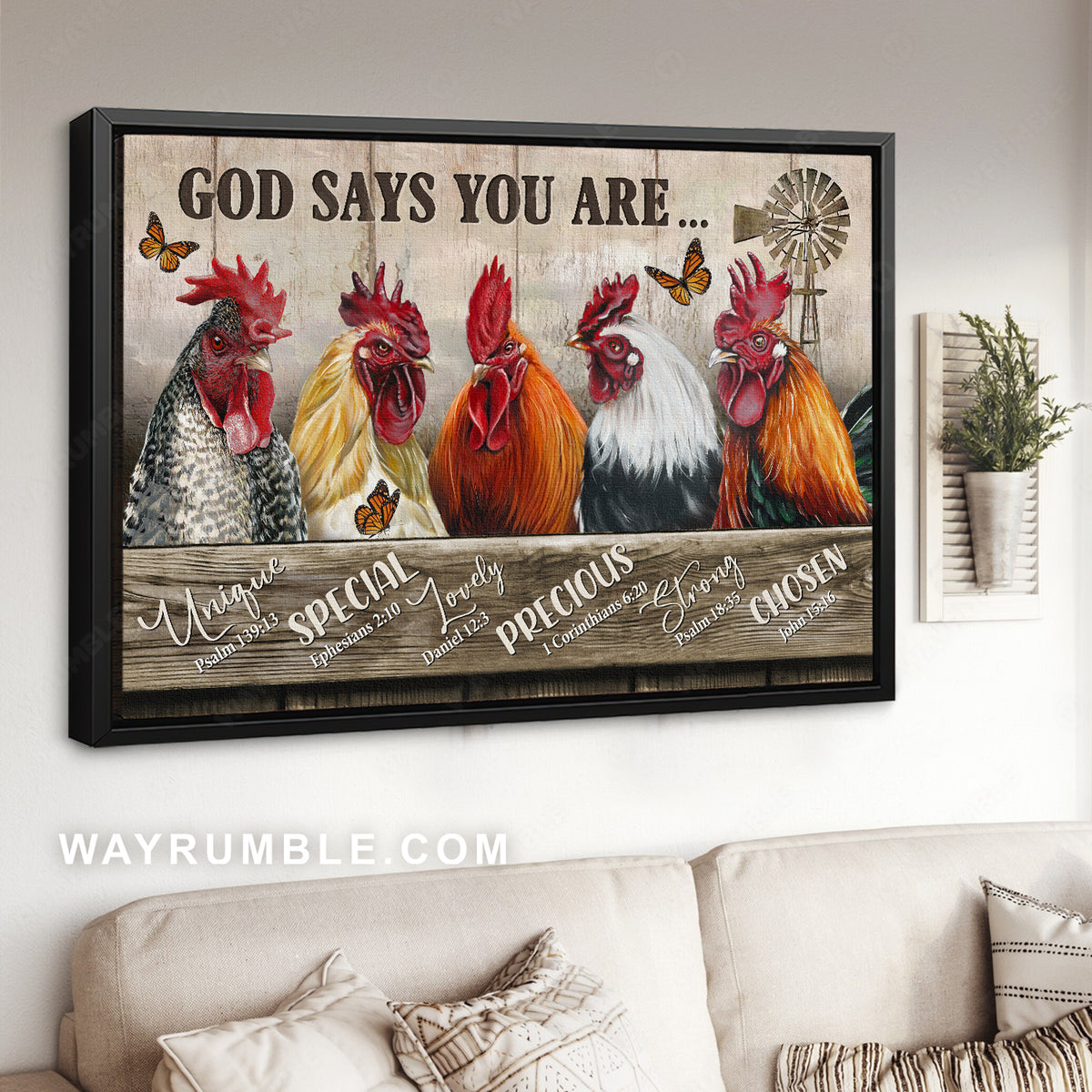 Stunning rooster, Chicken farm, Butterfly, God says you are unique - Jesus Landscape Canvas Prints, Christian Wall Art
