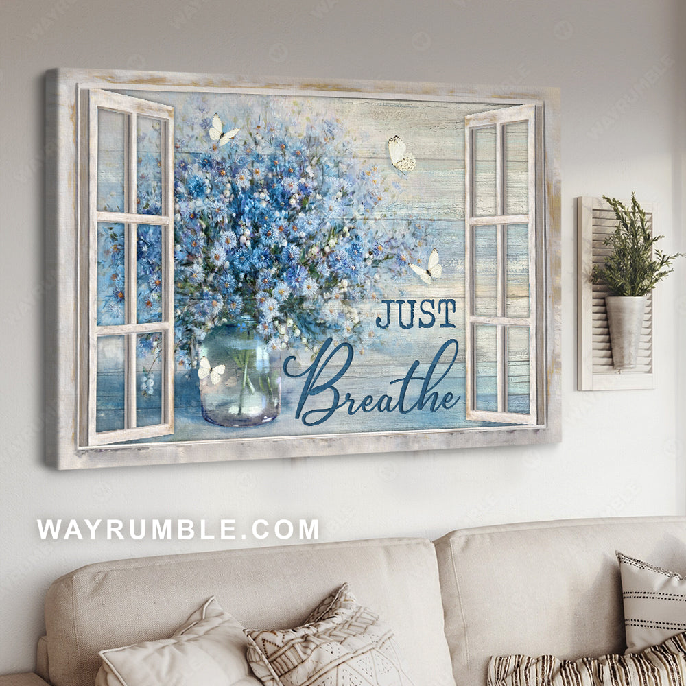 Blue daisy vase, Crystal vase, White butterfly, Just breathe - Jesus Landscape Canvas Prints, Christian Wall Art