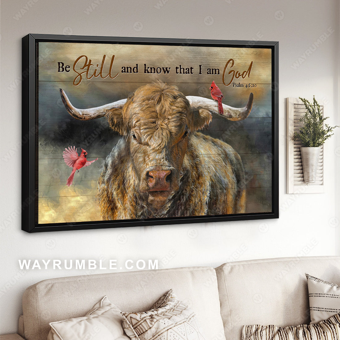 Stunning highland cow, Red cardinal, Be still and know that I am God - Jesus Landscape Canvas Prints, Christian Wall Art
