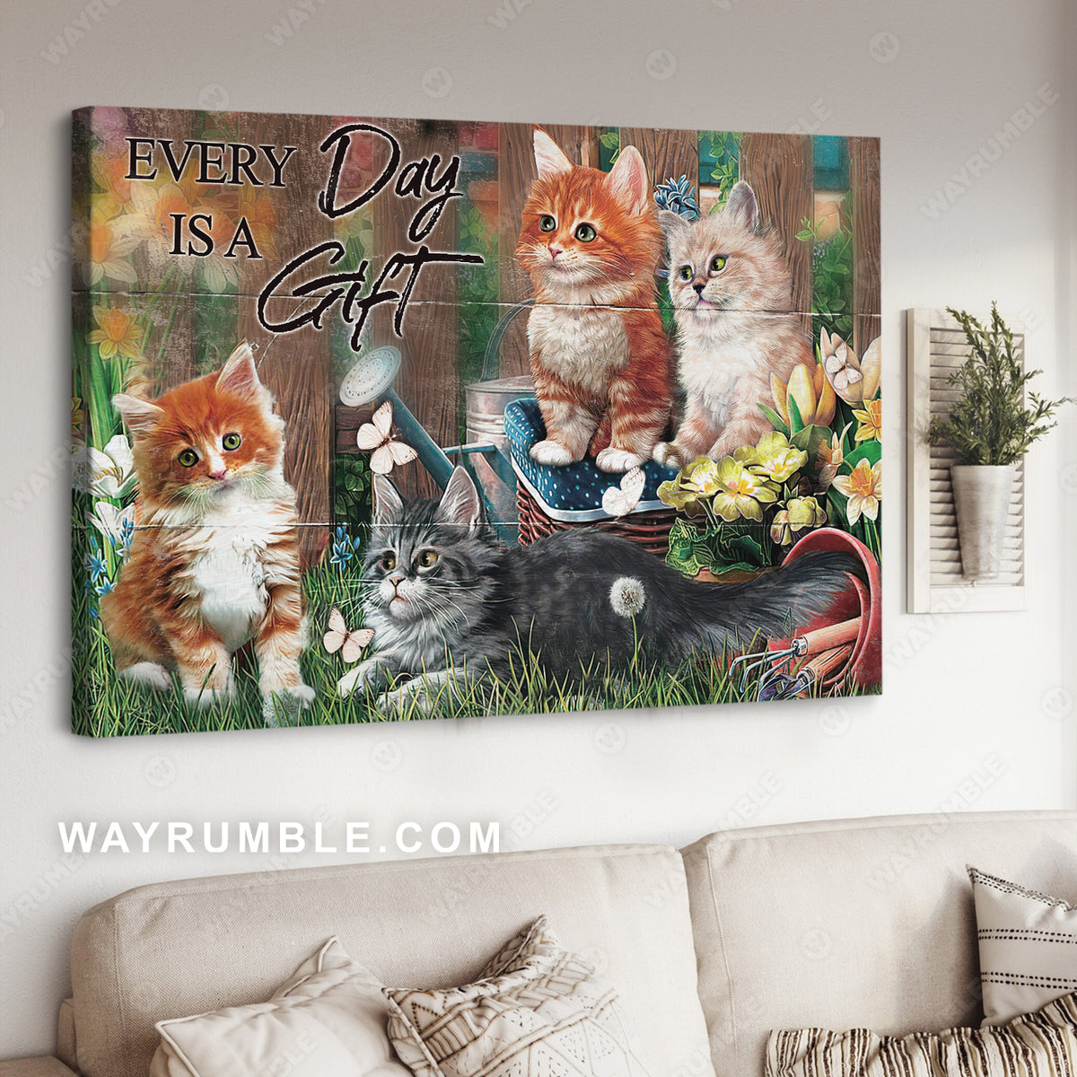 Pretty flower garden, Little cat, Every day is a gift - Jesus Landscape Canvas Prints, Christian Wall Art