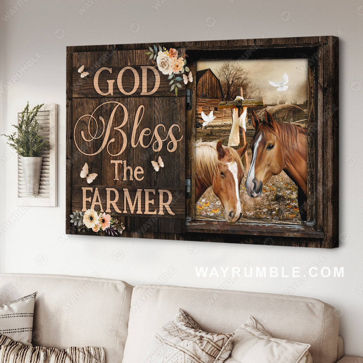 Horse painting, Flower frame, White dove, God bless the farmer - Jesus Landscape Canvas Prints, Home Decor Wall Art