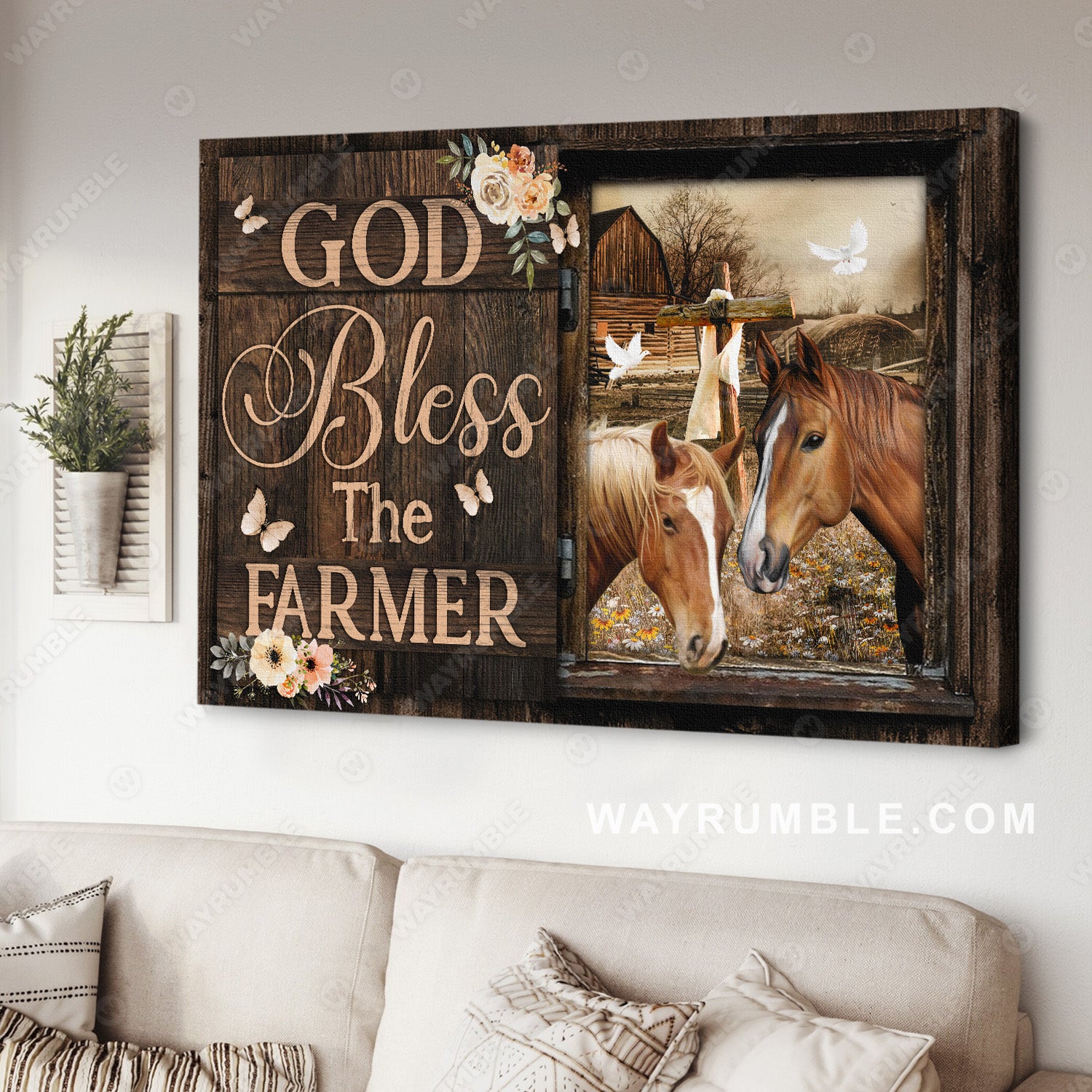 Horse painting, Flower frame, White dove, God bless the farmer - Jesus Landscape Canvas Prints, Home Decor Wall Art