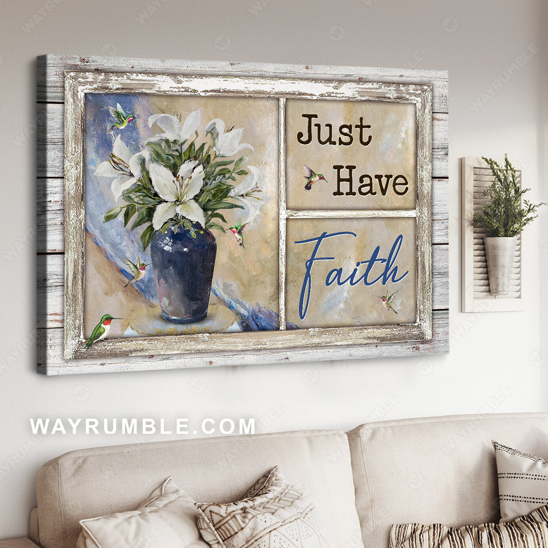 Watercolor lily flower, Ceramic vase, Colorful hummingbird, Just have faith - Jesus Landscape Canvas Prints, Christian Wall Art