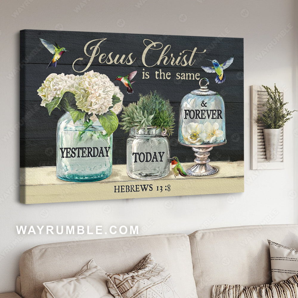 White hydrangea drawing, Hummingbird, Jesus Christ is the same yesterday, Today and forever - Jesus Landscape Canvas Prints, Christian Wall Art