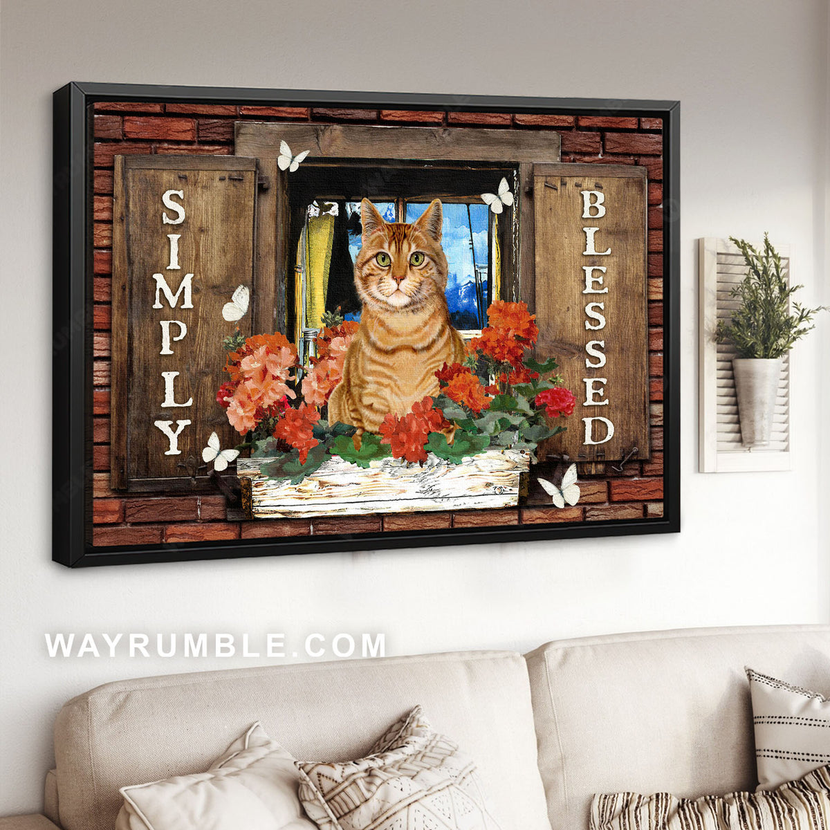 Brown cat, Red flower garden, Vintage window, Simply blessed - Jesus Landscape Canvas Prints, Christian Wall Art