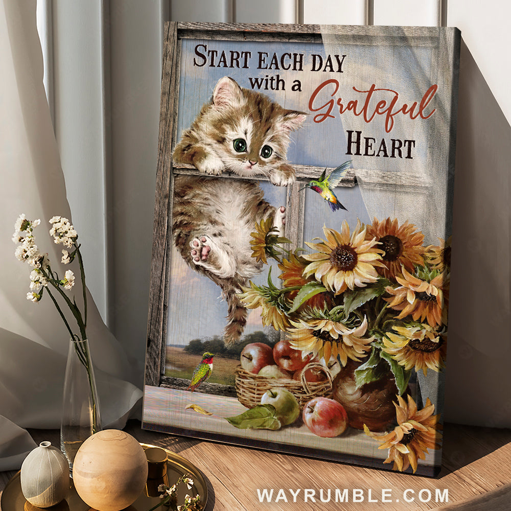 Little cat, Sunflower drawing, Pretty hummingbird, Start each day with a grateful heart - Jesus Portrait Canvas Prints, Christian Wall Art