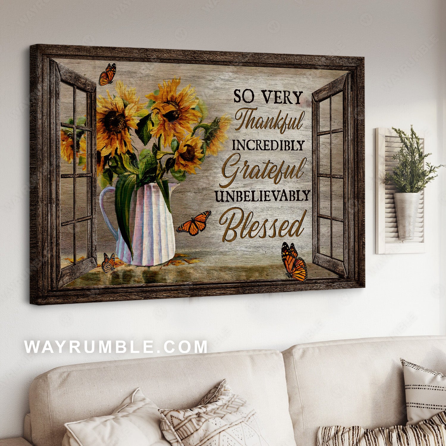 Sunflower vase, Still life painting, Orange butterfly, So very thankful - Jesus Landscape Canvas Prints, Christian Wall Art