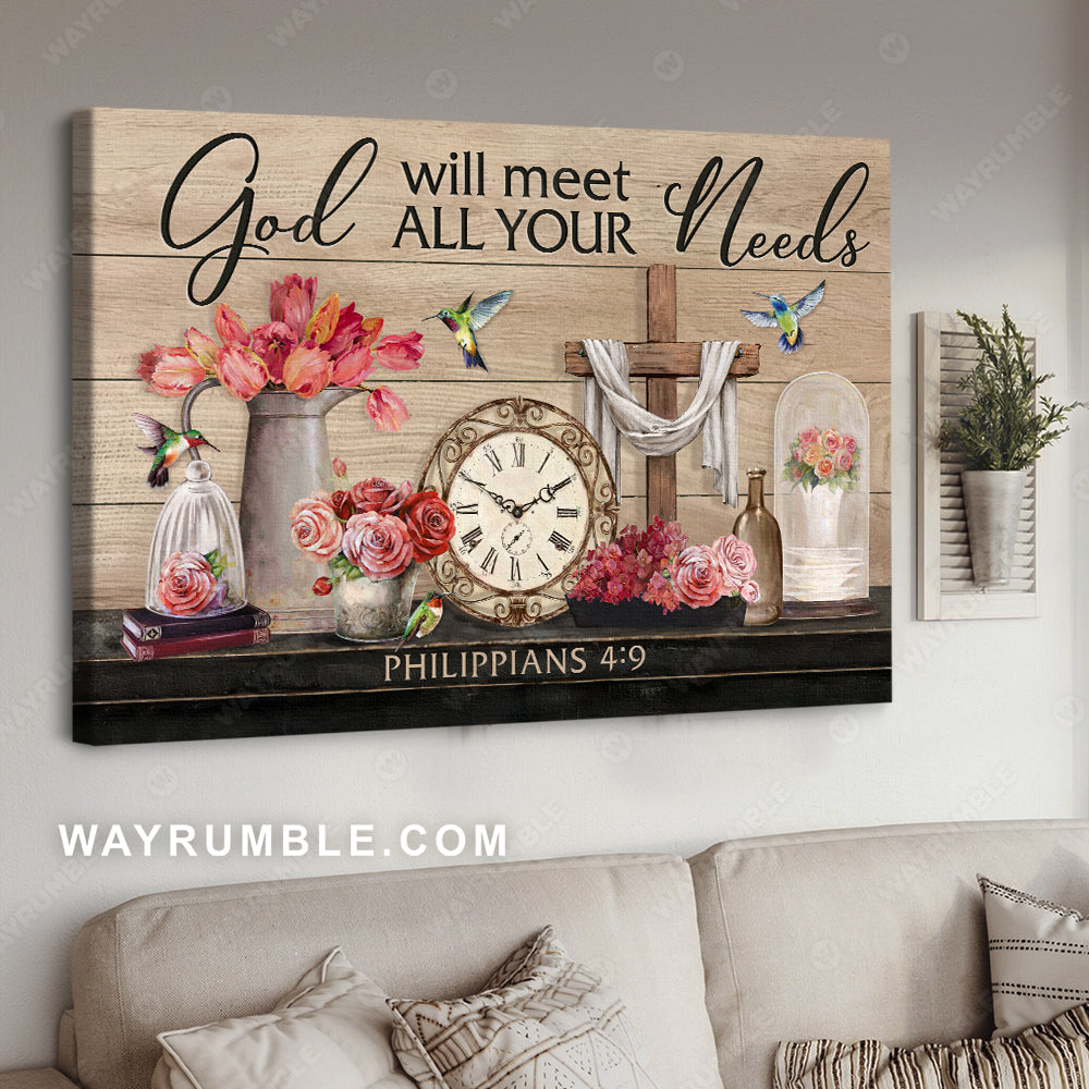 Pink tulip, Antique clock, Hummingbird, God will meet all your needs - Jesus Landscape Canvas Prints, Christian Wall Art