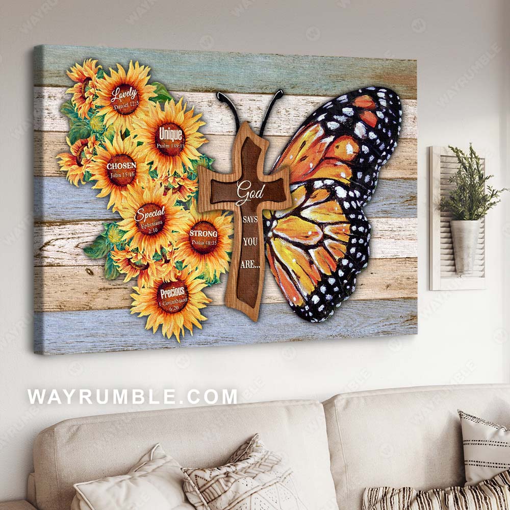 Watercolor butterfly, Sunflower field, Cross, God says you are unique - Jesus Landscape Canvas Prints, Christian Wall Art