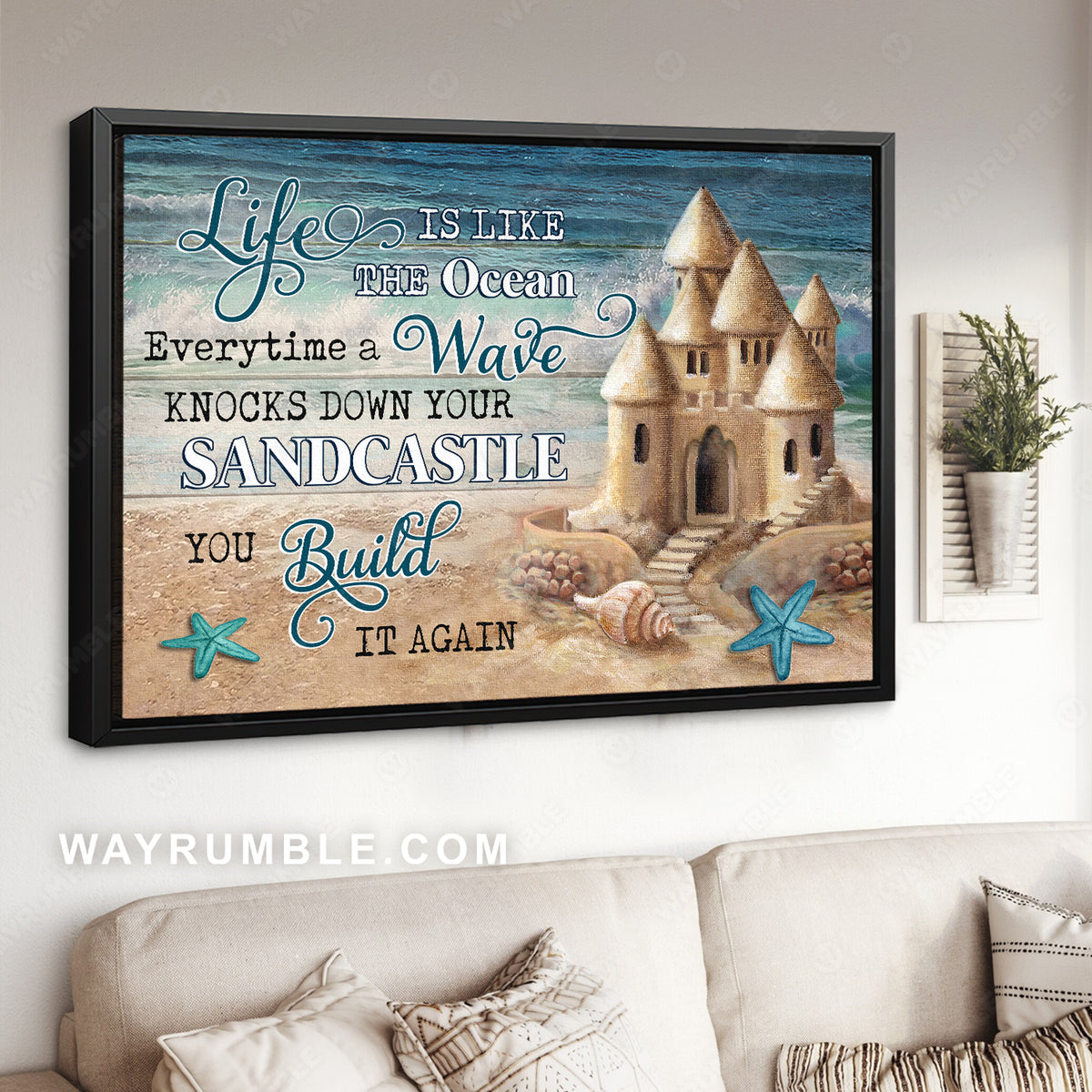 Sand castle drawing, Blue ocean, Starfish, Life is like the ocean - Jesus Landscape Canvas Prints, Christian Wall Art