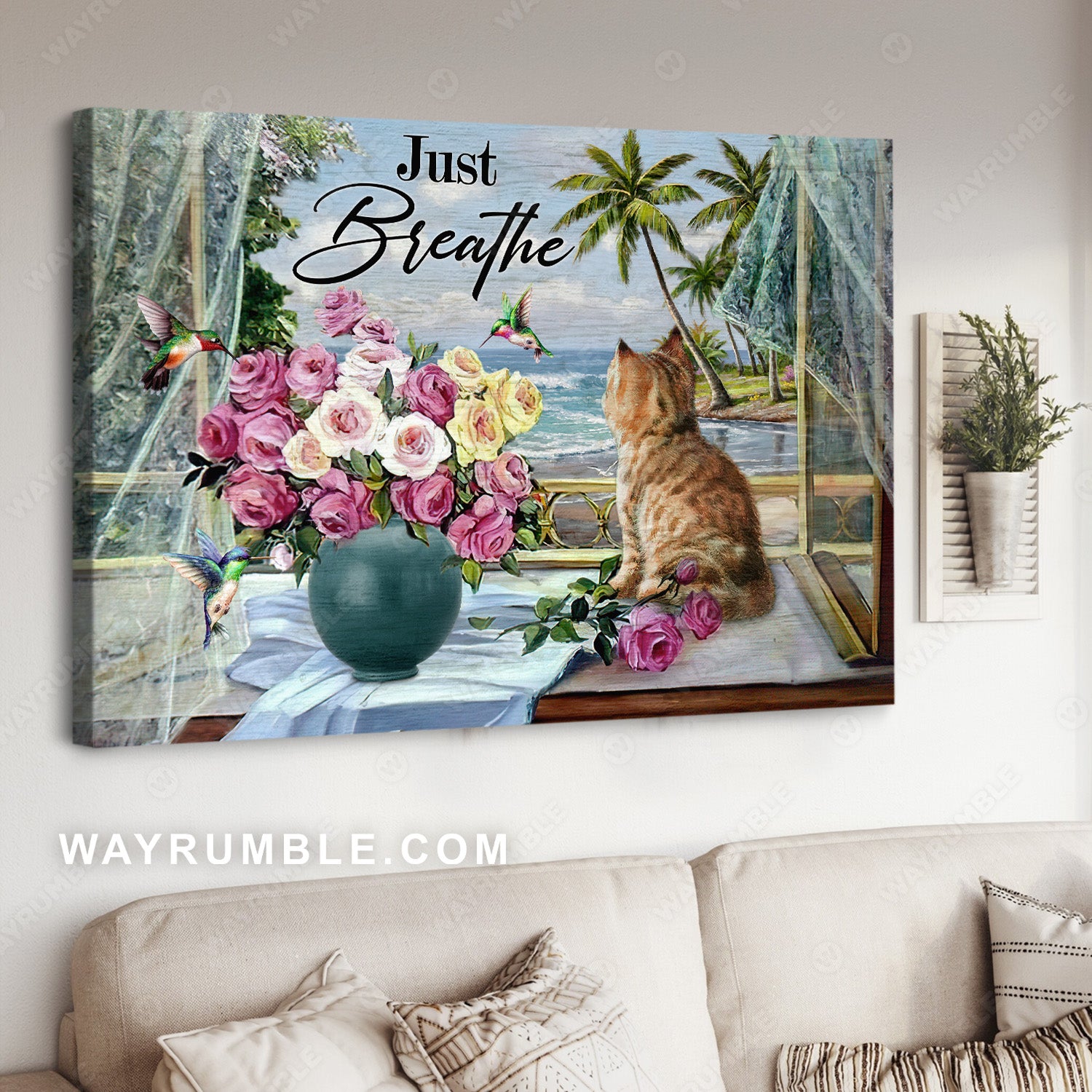 Pink rose vase, Dream cat, Beach painting, Hummingbird, Just breathe - Jesus Landscape Canvas Prints, Christian Wall Art