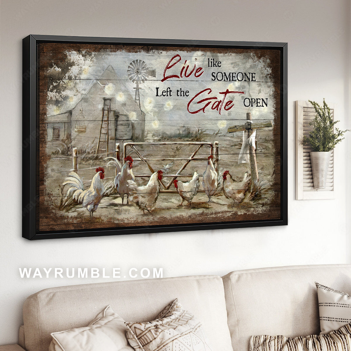 White rooster drawing, Peace farm, Live like someone left the gate open - Jesus Landscape Canvas Prints, Christian Wall Art