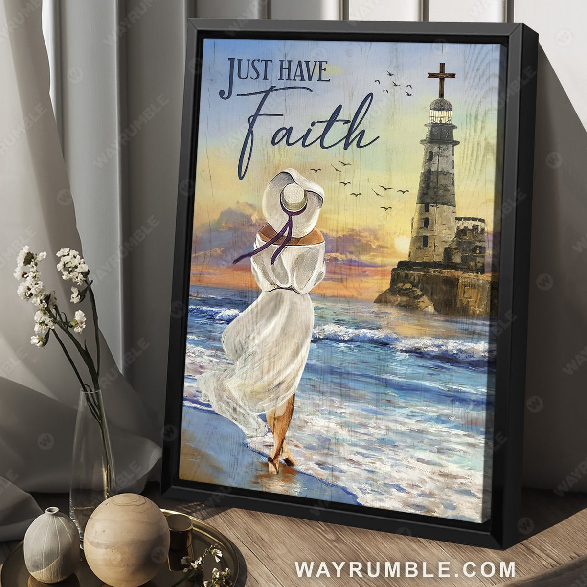 Beautiful girl, Ocean drawing, Lighthouse, Just have faith - Jesus Portrait Canvas Prints, Christian Wall Art
