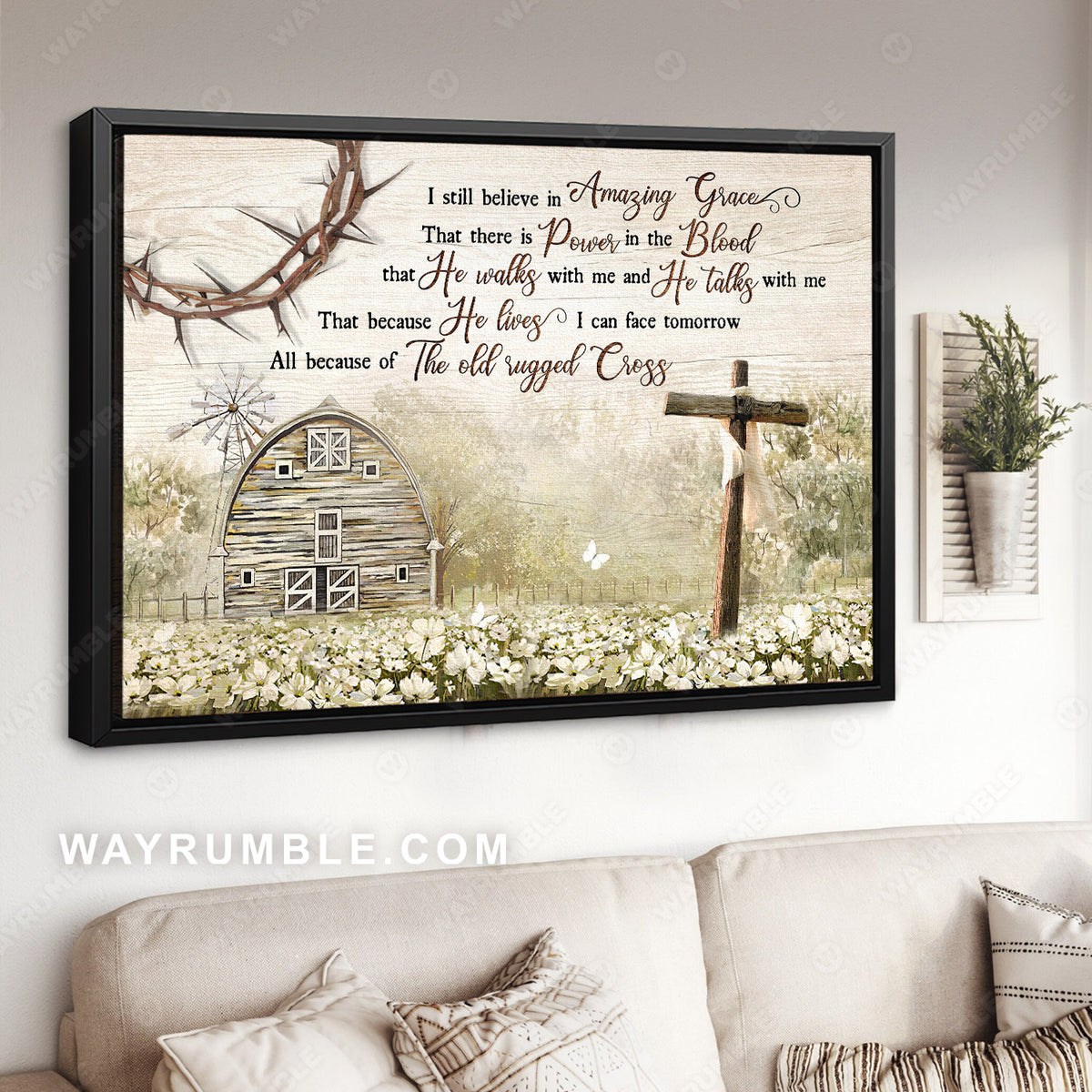 White flower field, Cross symbol, Vintage house, I still believe in amazing grace - Jesus Landscape Canvas Prints, Christian Wall Art