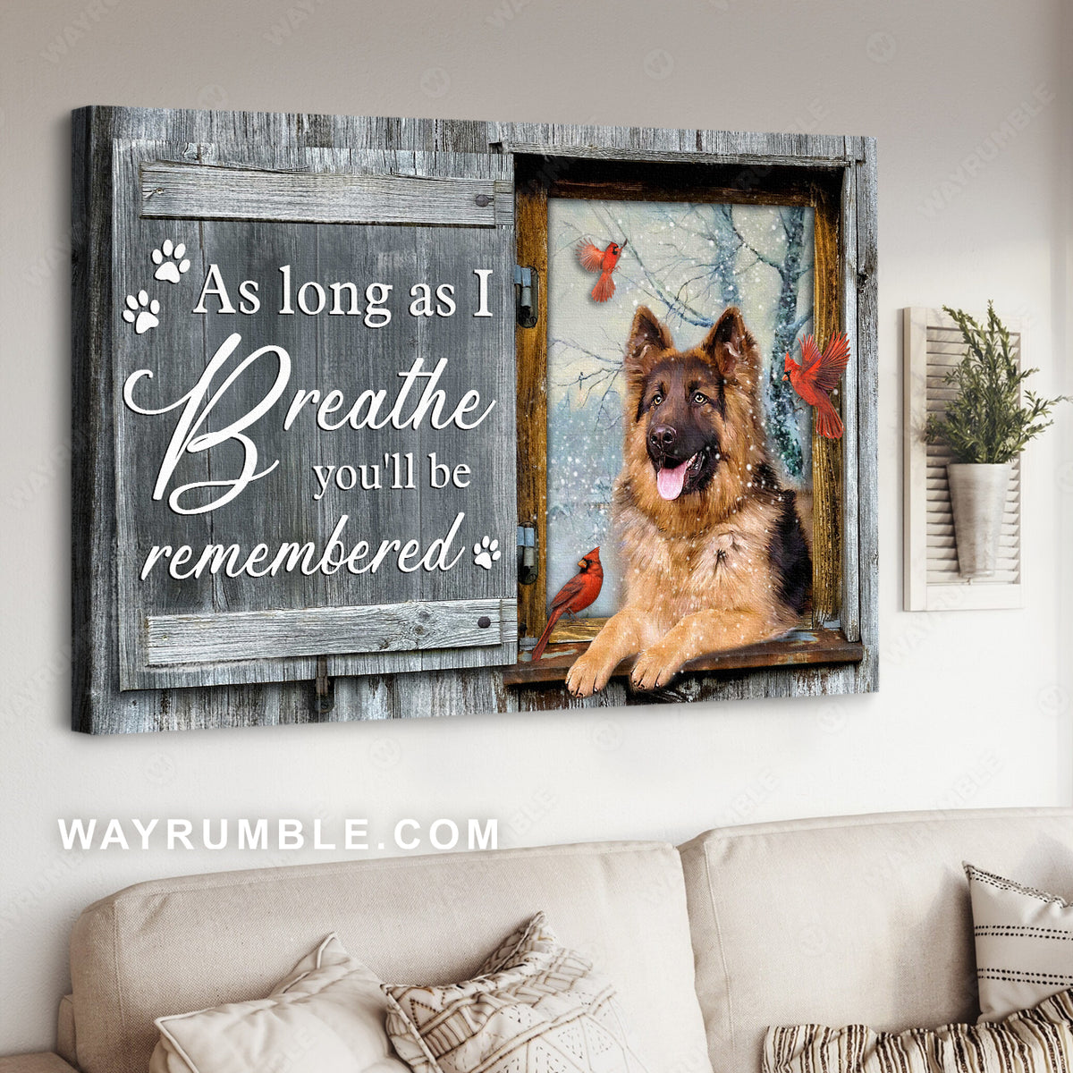 Winter drawing, German shepherd, Red cardinal, As long as I breathe - Jesus Landscape Canvas Prints, Christian Wall Art