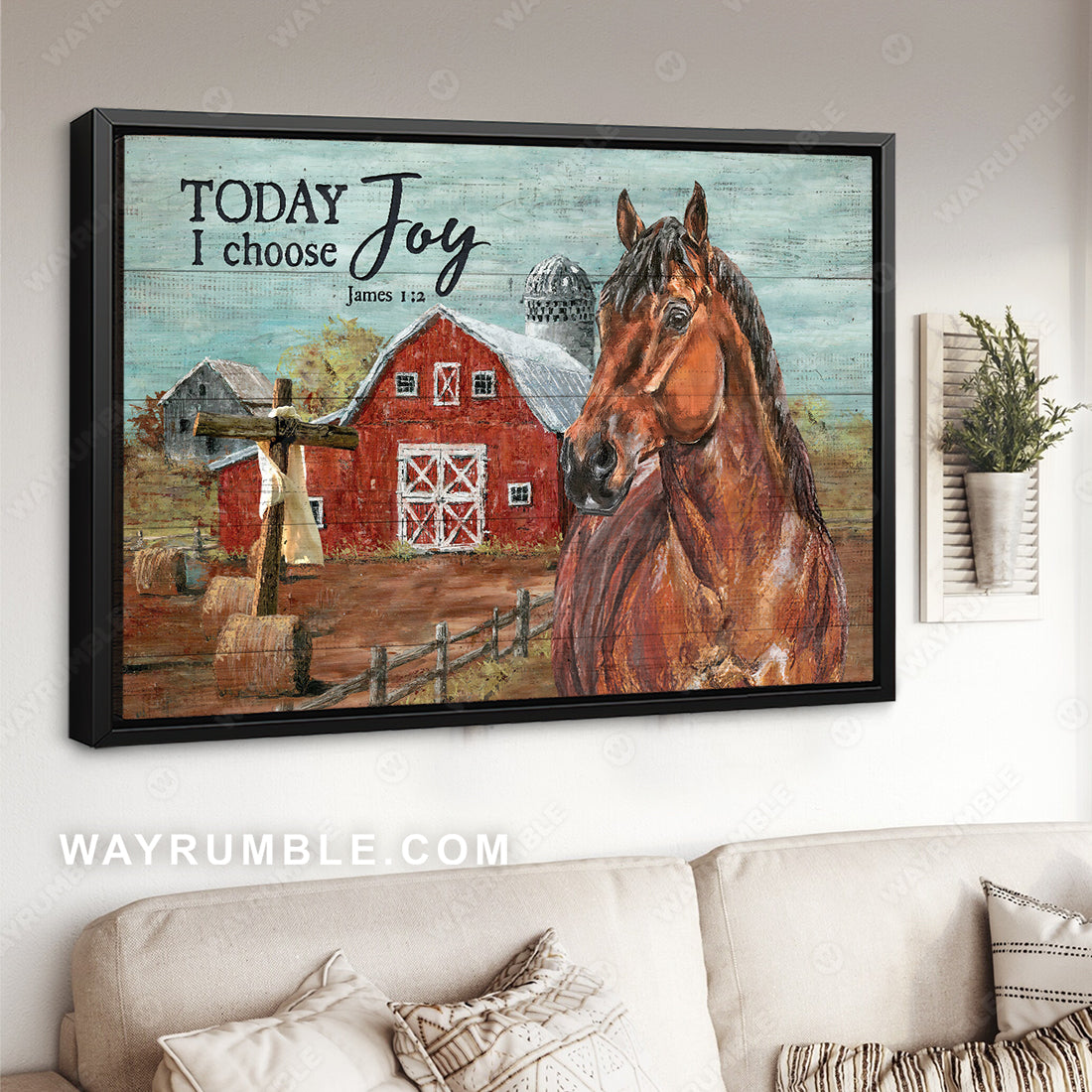 Watercolor horse, Beautiful farm, Red house, Today I choose joy - Jesus Landscape Canvas Prints, Christian Wall Art