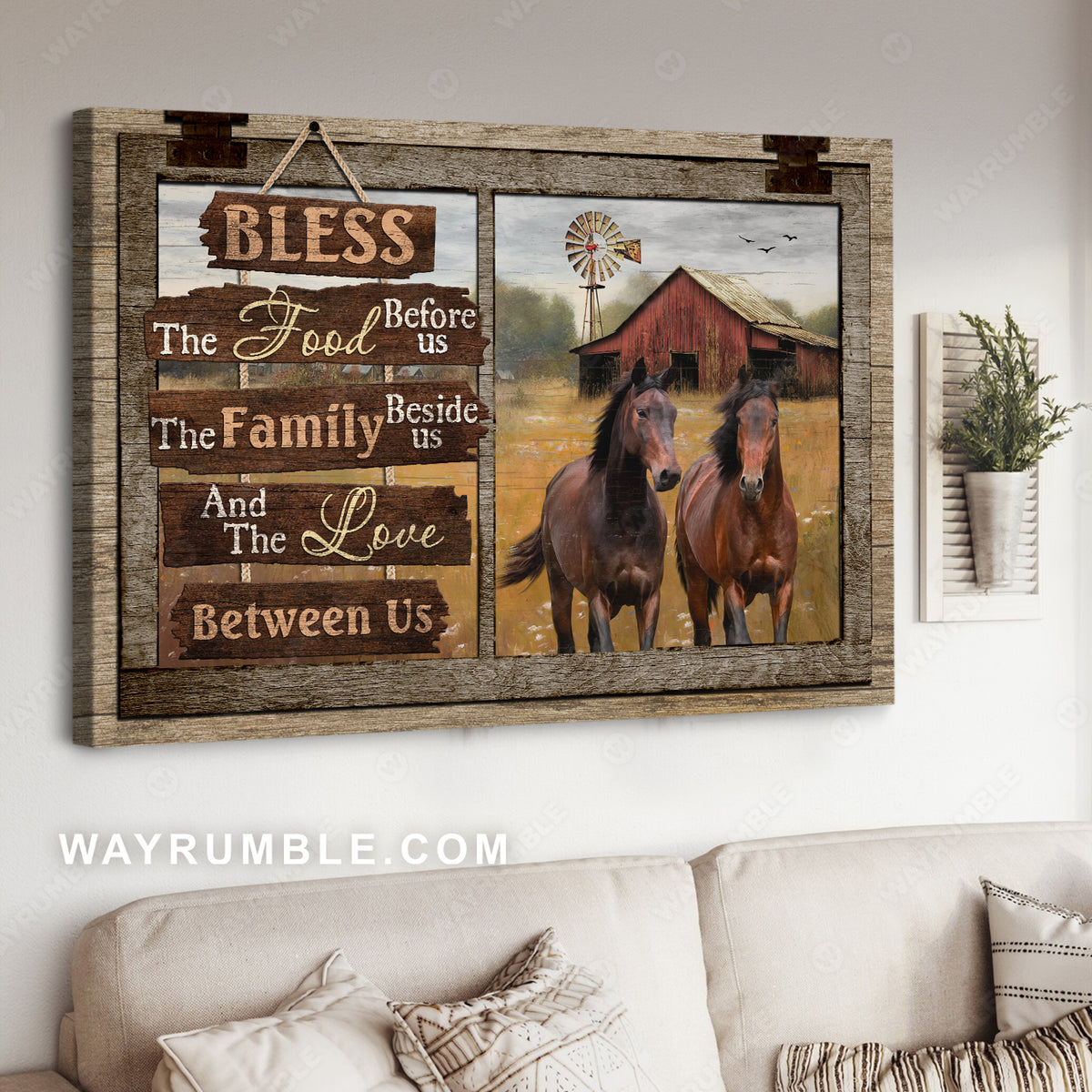Horses drawing, Meadow land, Windmill, Bless the food before us - Jesus Landscape Canvas Prints, Christian Wall Art