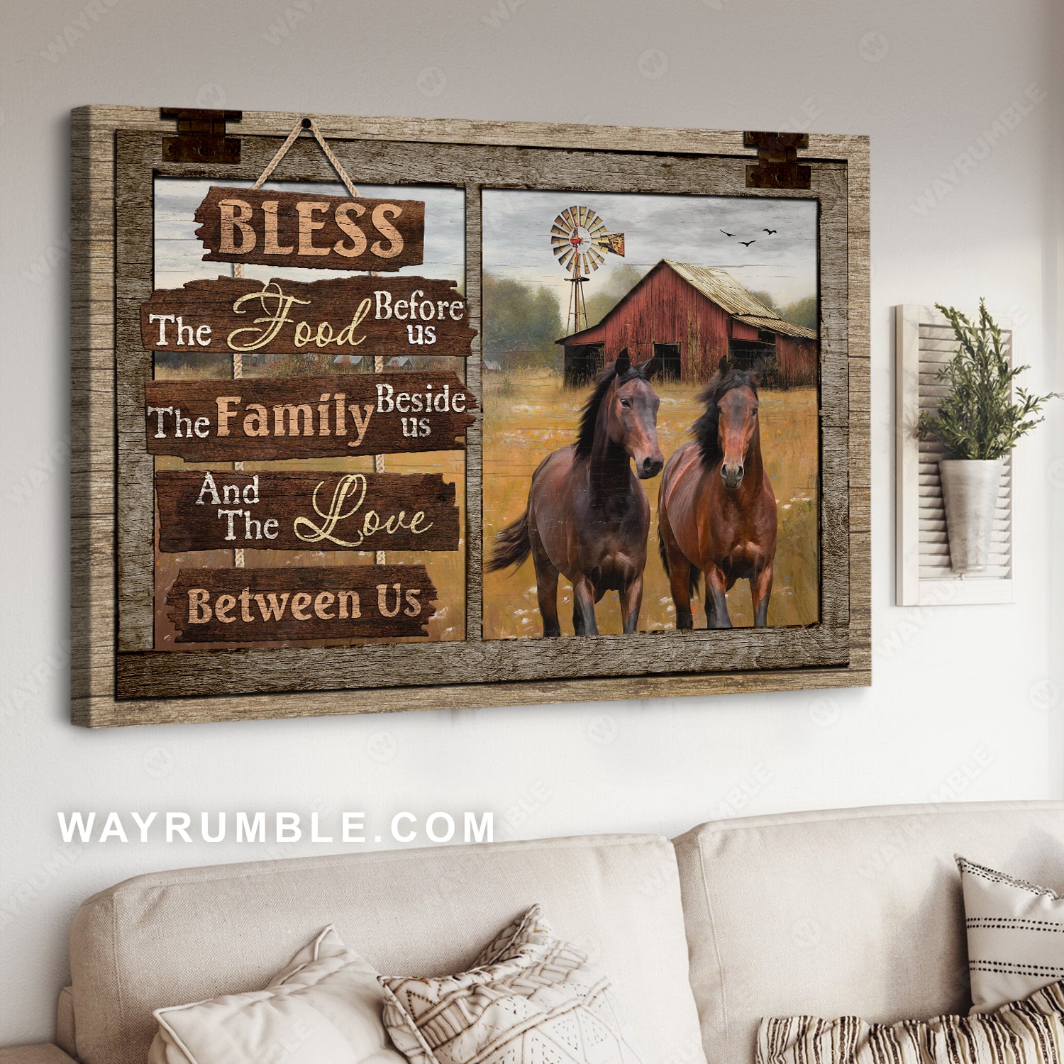 Horses drawing, Meadow land, Windmill, Bless the food before us - Jesus Landscape Canvas Prints, Christian Wall Art