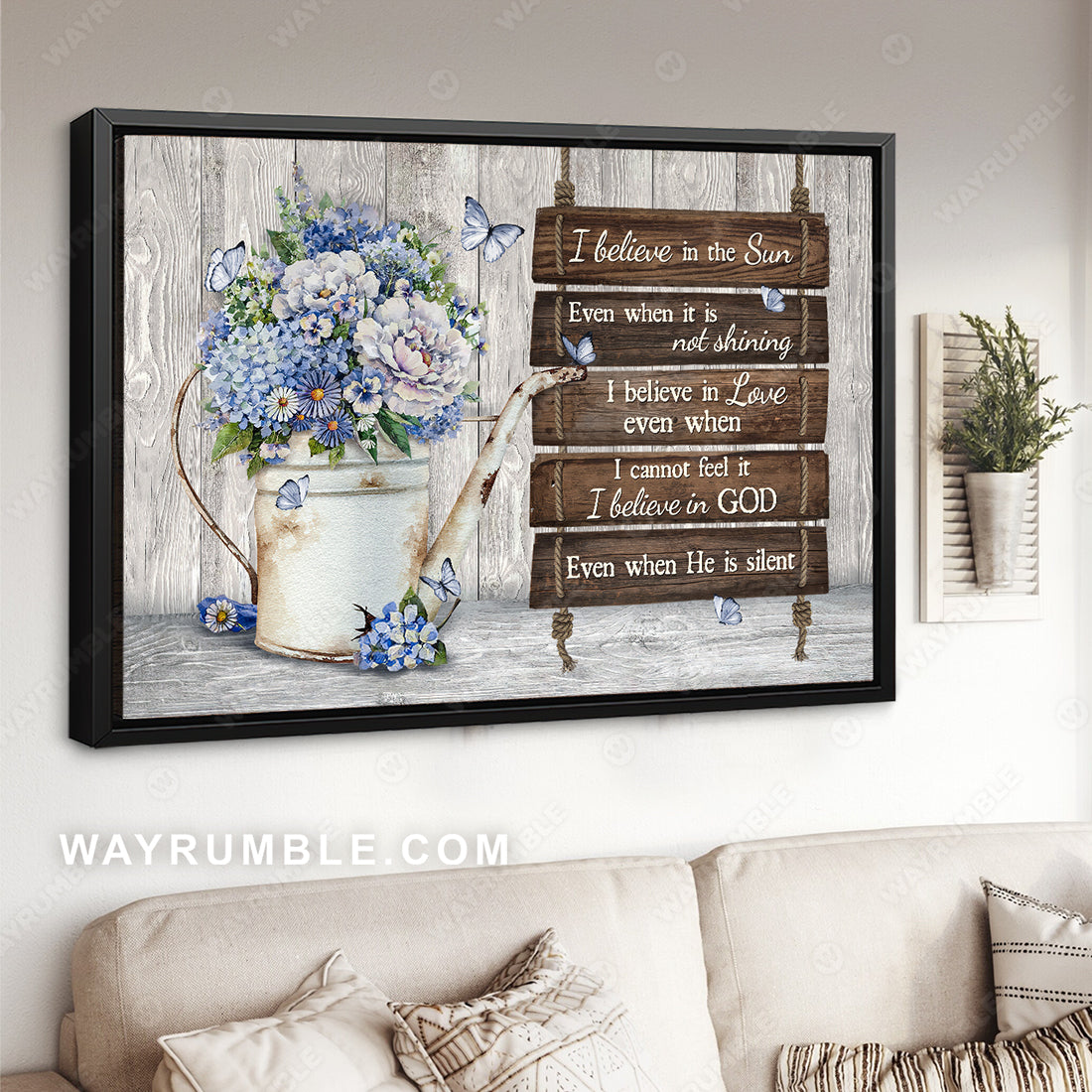 Blue hydrangea, White flower, Pretty butterfly, I believe in the sun - Jesus Landscape Canvas Prints, Christian Wall Art