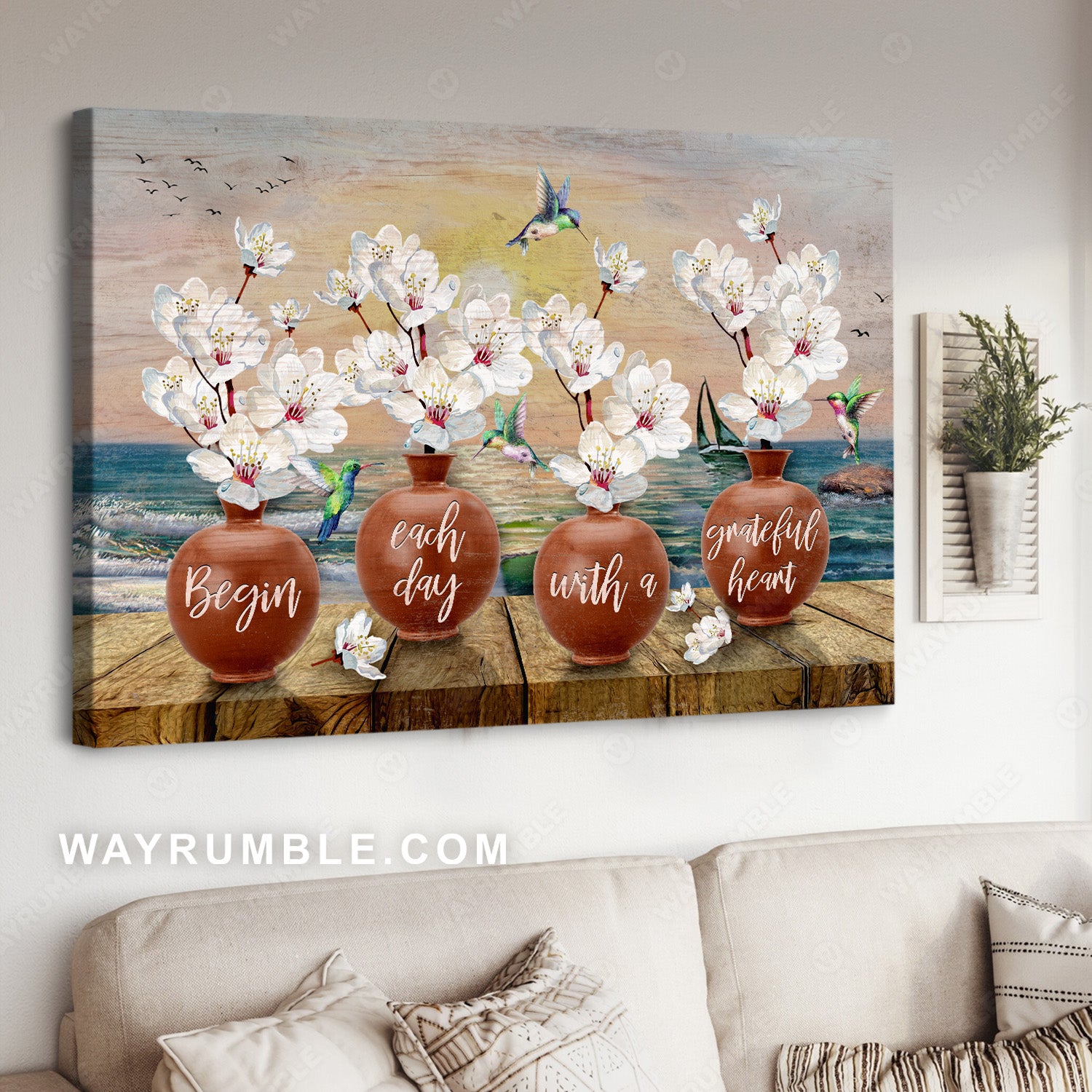 White peach blossom, Hummingbird drawing, Begin each day with a grateful heart - Jesus Landscape Canvas Prints, Christian Wall Art