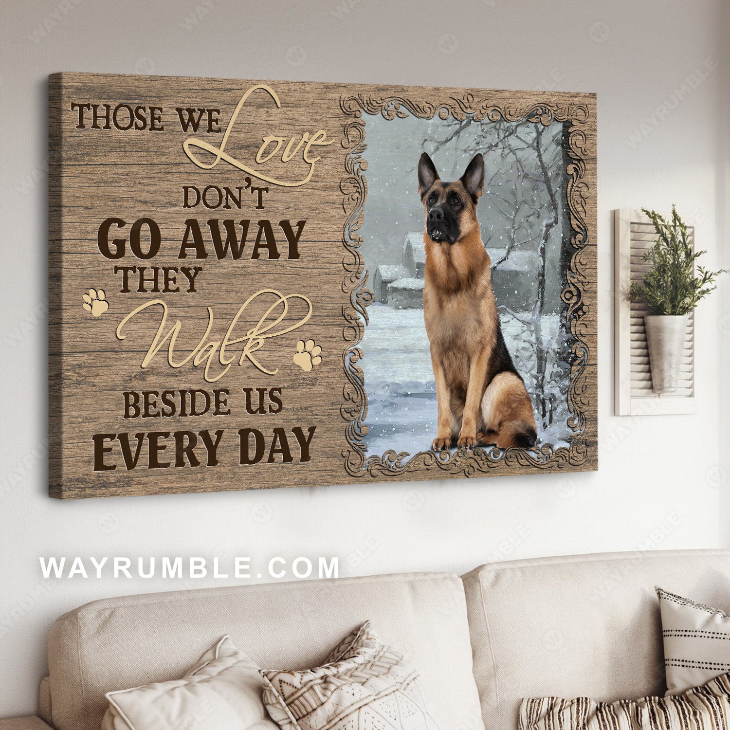 German shepherd drawing, White snow, Those we love don't go away - Jesus Landscape Canvas Prints, Christian Wall Art